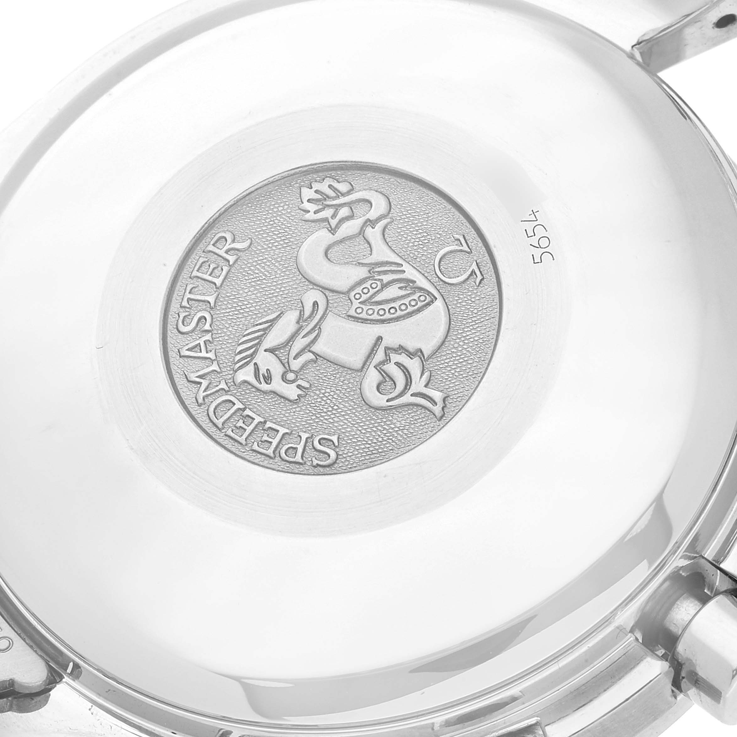 This image shows the case back of an Omega Speedmaster 3520.50.00 Men's Stainless Steel Black Dial 3520.50.00 Men's Stainless Steel Black Dial watch, highlighting its engraved design.