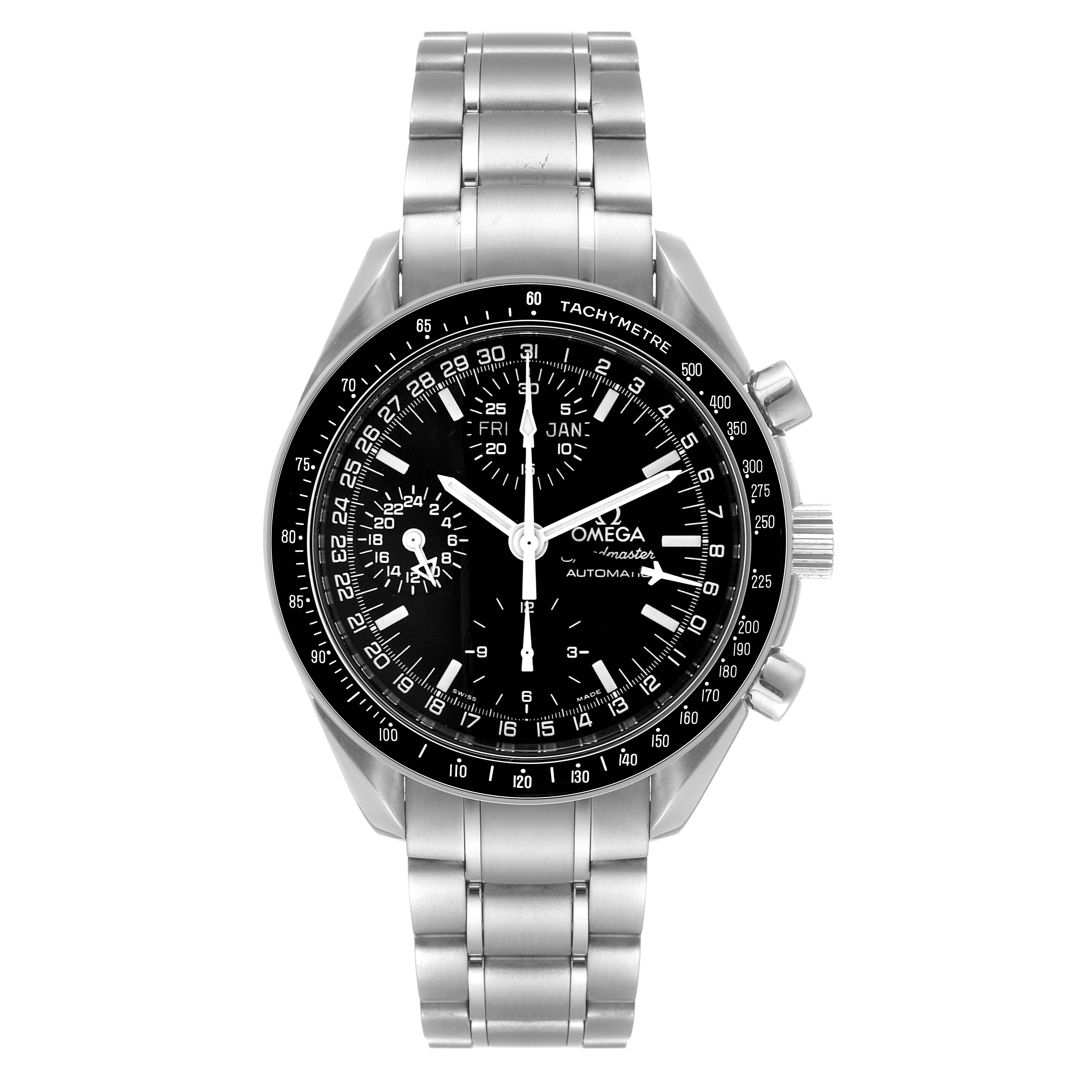 The image shows a front view of an Omega Speedmaster 3520.50.00 Men's Stainless Steel Black Dial 3520.50.00 Men's Stainless Steel Black Dial watch, displaying its dial, bezel, and stainless steel bracelet.