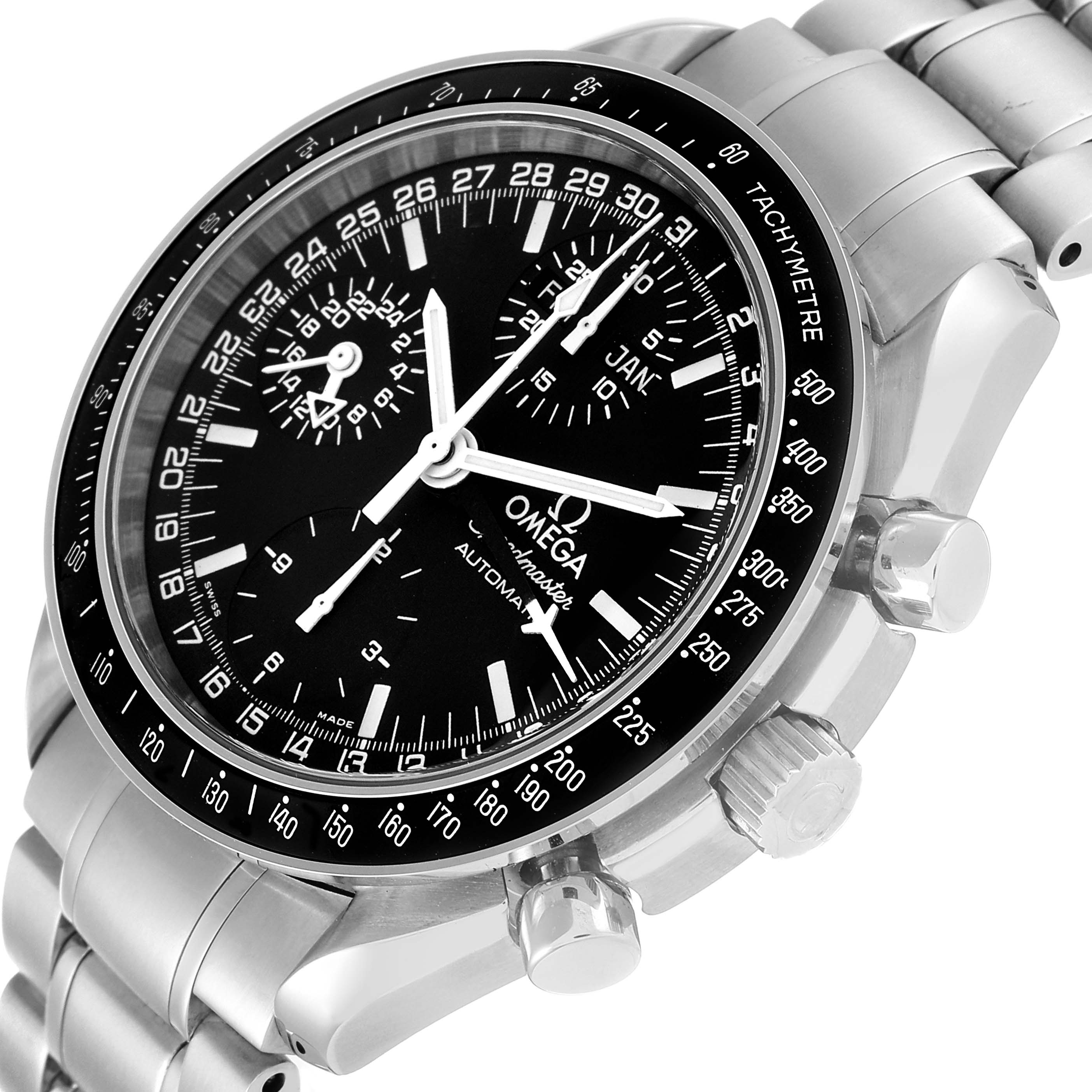 The Omega Speedmaster 3520.50.00 Men's Stainless Steel Black Dial 3520.50.00 Men's Stainless Steel Black Dial watch is shown at an angled view highlighting its dial, bezel, pushers, and stainless steel bracelet.