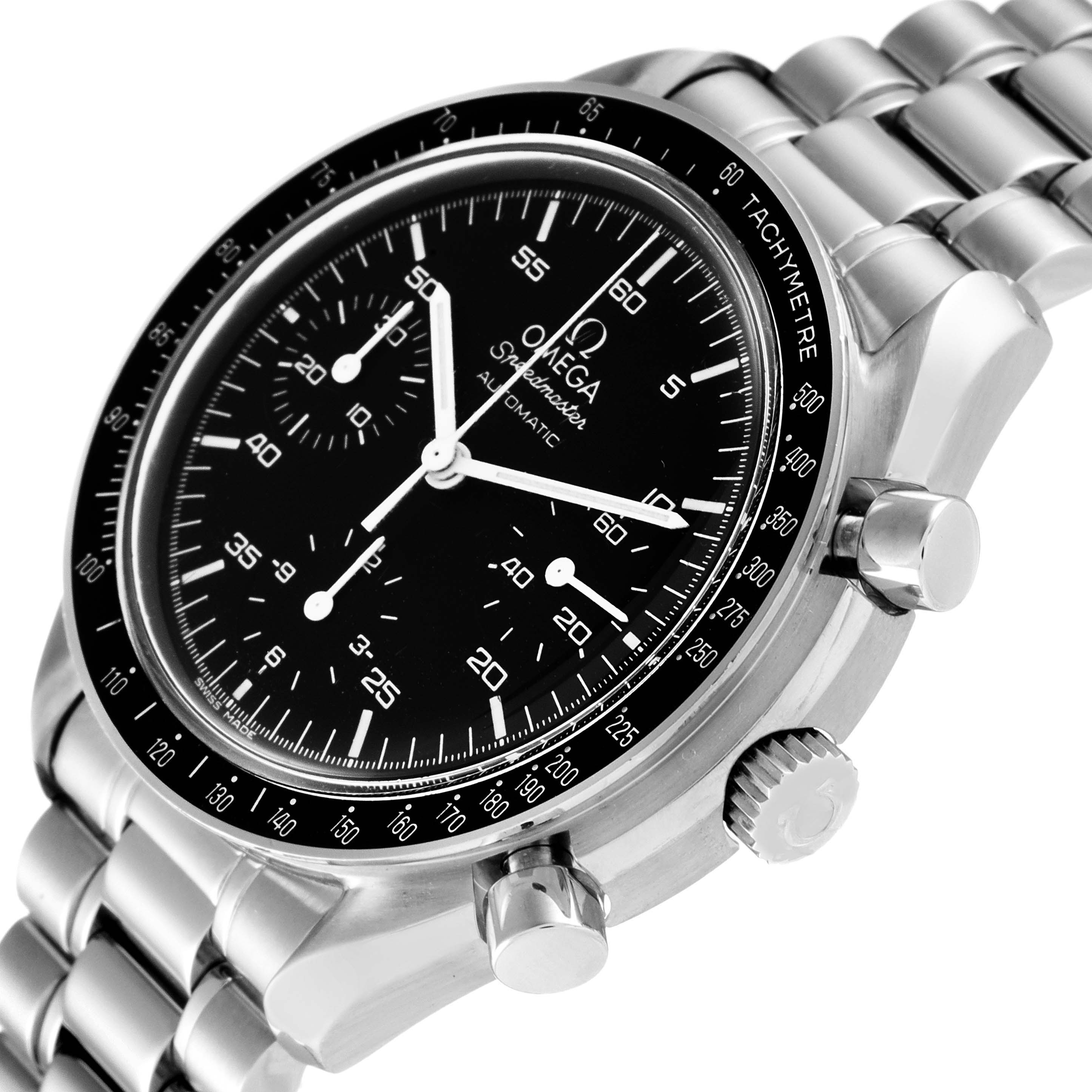 This image shows an angled close-up view of the Omega Speedmaster 3510.50.00 Men
s Stainless Steel Black Dial 3510.50.00 Men
s Stainless Steel Black Dial watch, highlighting its dial, bezel, pushers, and bracelet.