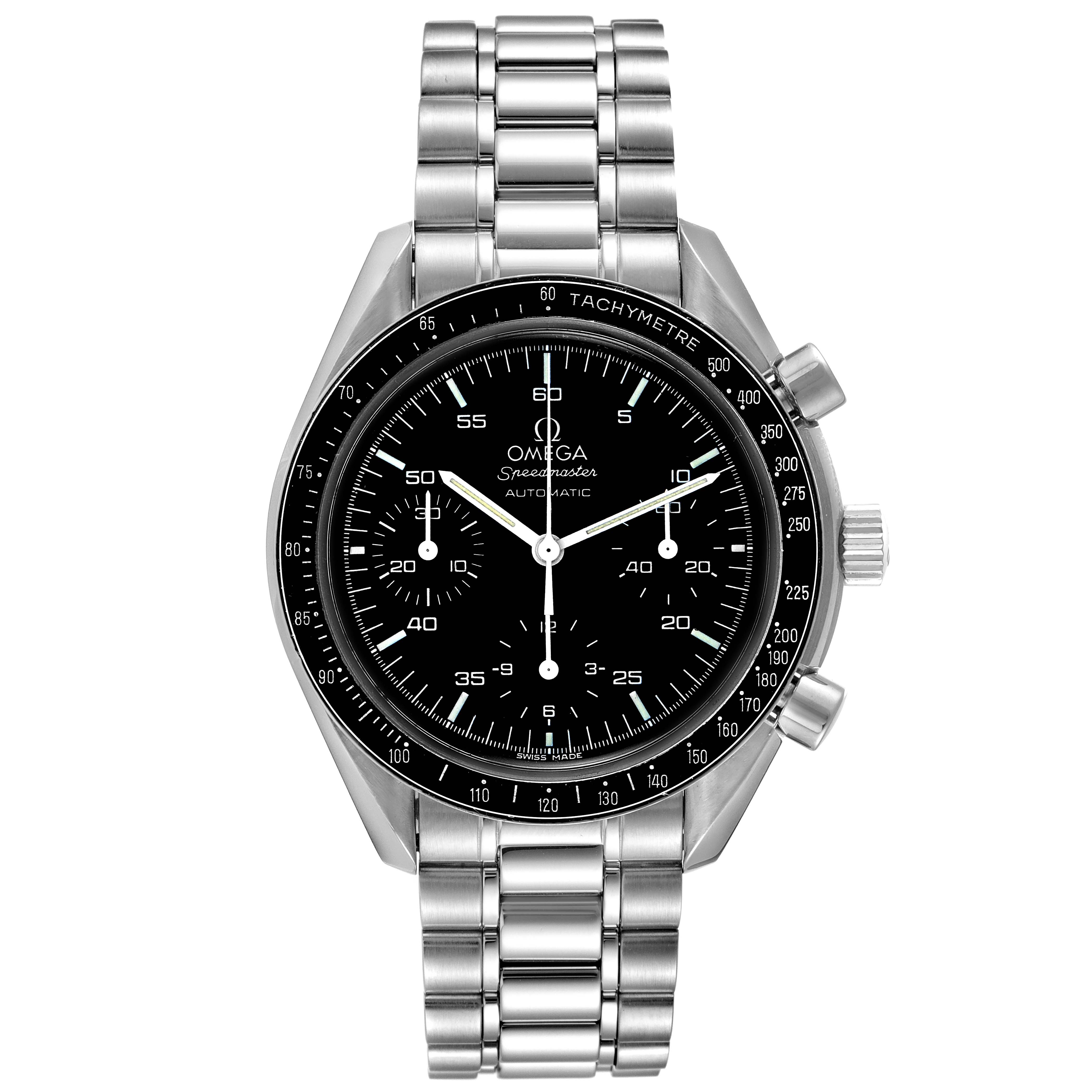The image shows a frontal view of an Omega Speedmaster 3510.50.00 Men
s Stainless Steel Black Dial 3510.50.00 Men
s Stainless Steel Black Dial watch, displaying its face, bezel, subdials, and metal bracelet.