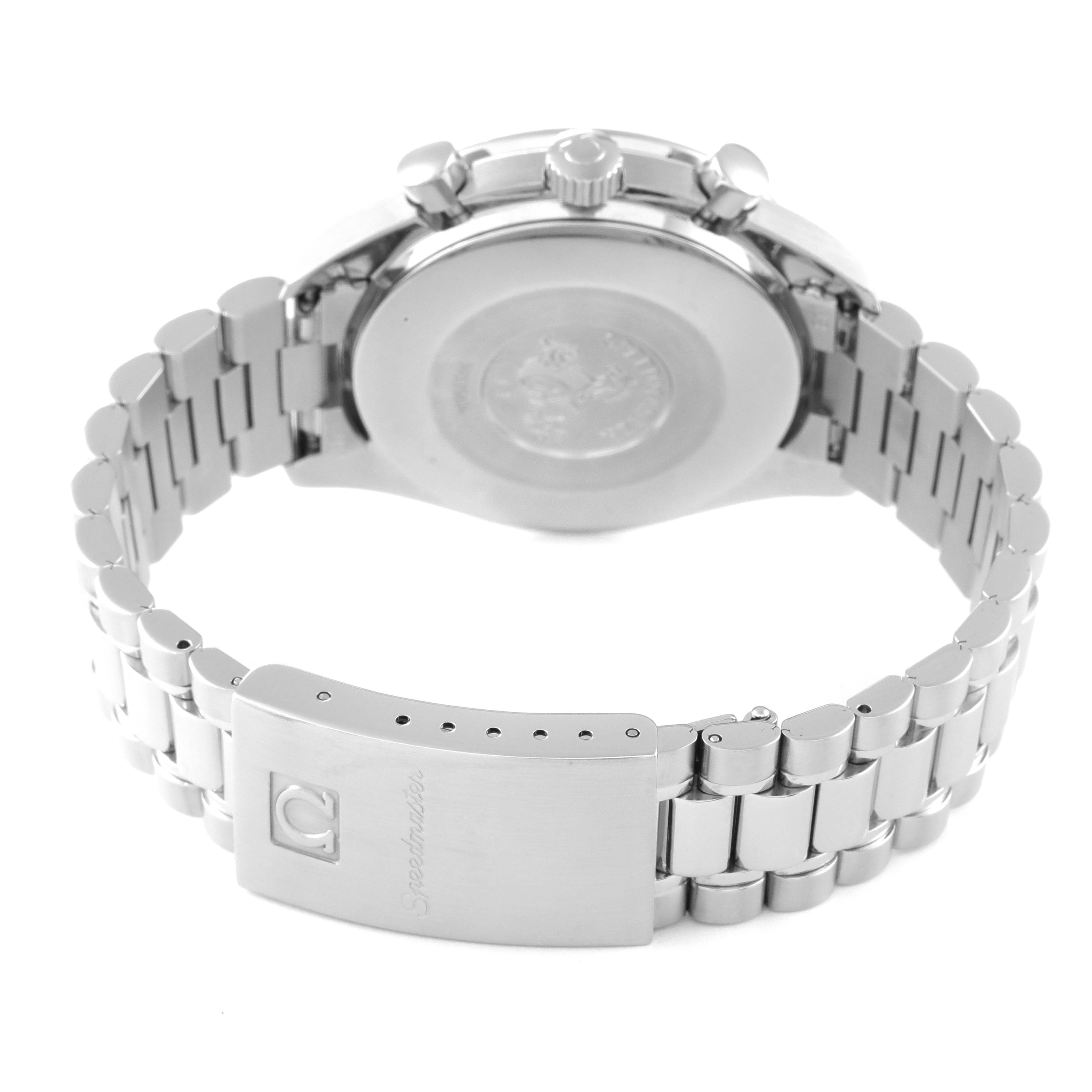 The image shows the back and clasp of the Omega Speedmaster 3510.50.00 Men
s Stainless Steel Black Dial 3510.50.00 Men
s Stainless Steel Black Dial watch, highlighting its bracelet and case back.