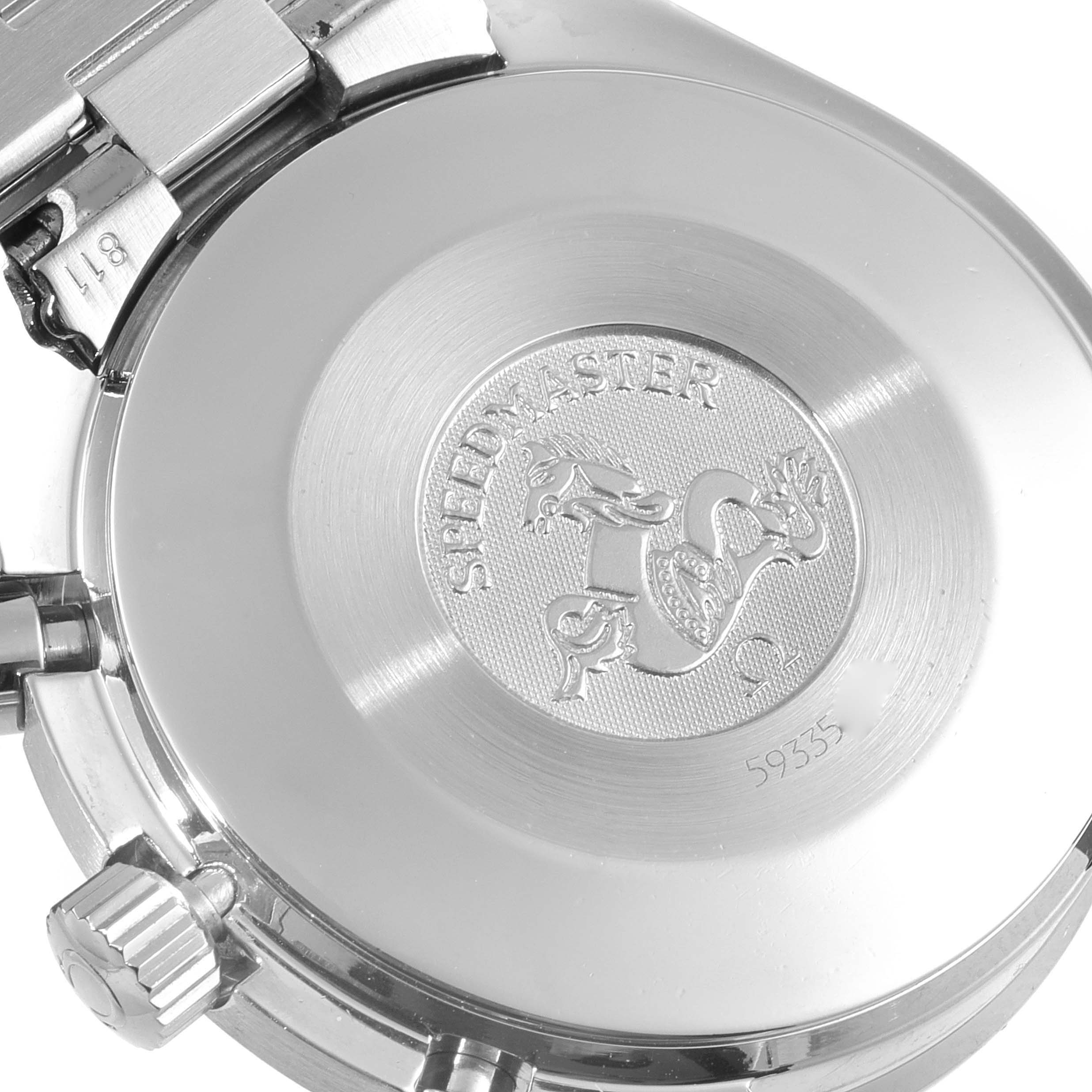 This image shows the back case and part of the bracelet clasp of an Omega Speedmaster 3510.50.00 Men
s Stainless Steel Black Dial 3510.50.00 Men
s Stainless Steel Black Dial watch.