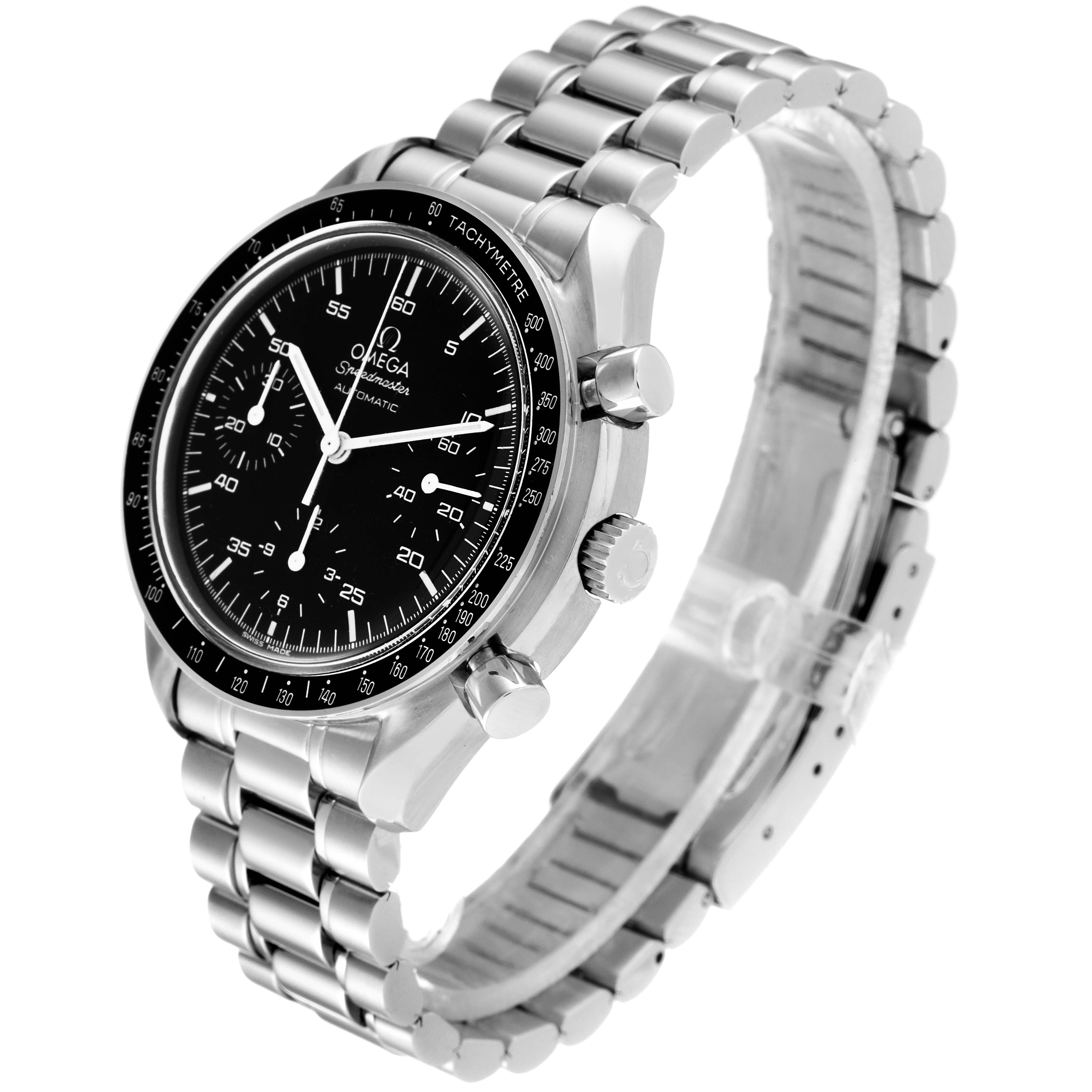 The Omega Speedmaster 3510.50.00 Men
s Stainless Steel Black Dial 3510.50.00 Men
s Stainless Steel Black Dial watch is shown at a three-quarter angle, highlighting its black dial, tachymeter bezel, and metal bracelet.