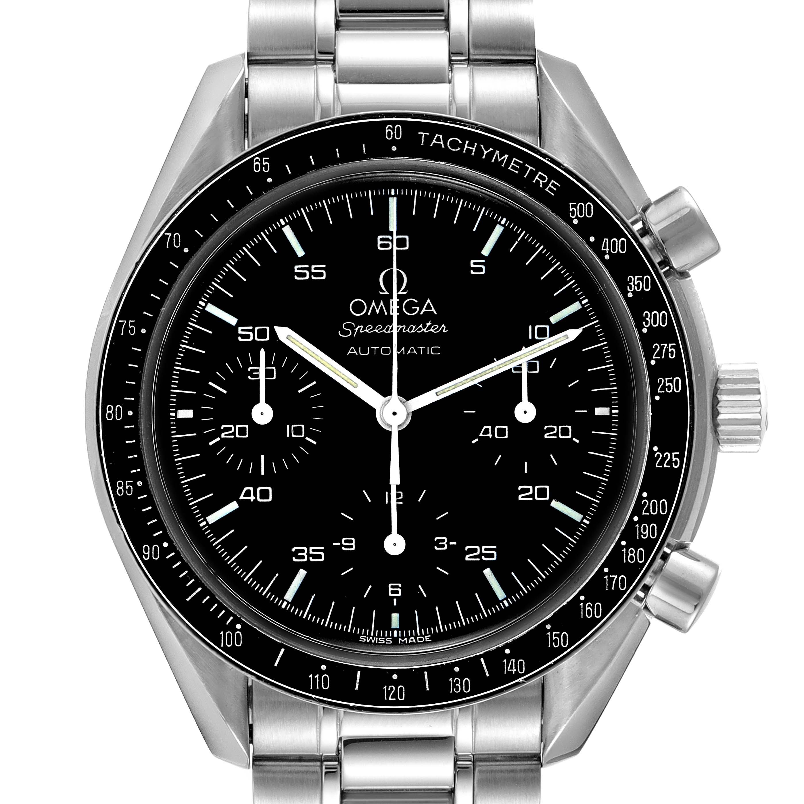The Omega Speedmaster 3510.50.00 Men
s Stainless Steel Black Dial 3510.50.00 Men
s Stainless Steel Black Dial watch is shown from the front, displaying its face, bezel, and stainless steel bracelet.