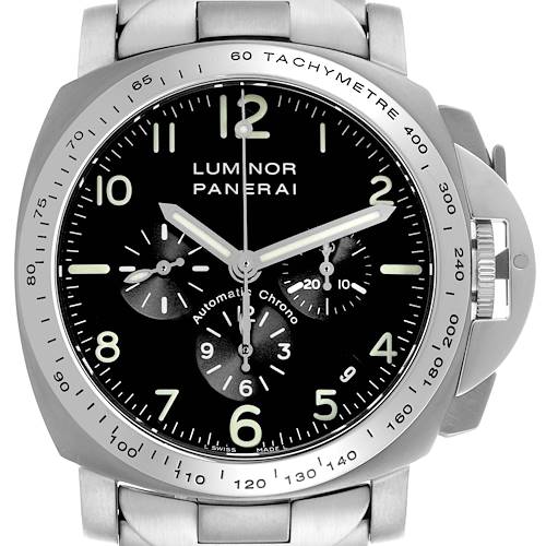 The Panerai Luminor watch is shown from a front angle, displaying the dial, tachymeter bezel, and metal bracelet.