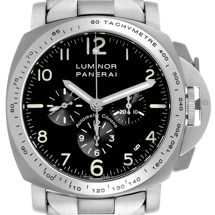 The Panerai Luminor watch is shown from the front, displaying the dial, tachymeter bezel, and part of the bracelet.