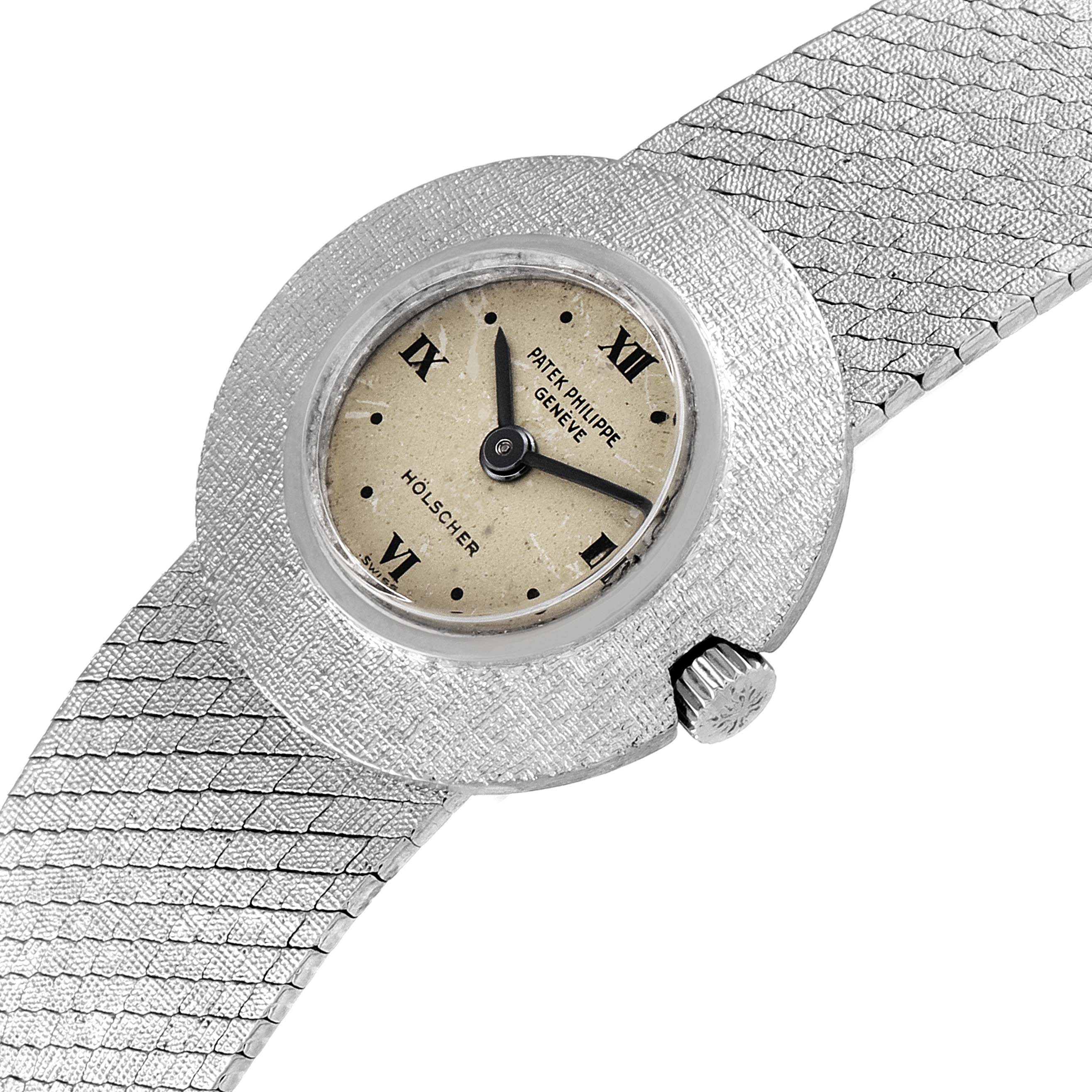 This image shows a close-up of the face, bezel, and strap of a Patek Philippe Calatrava 3344 Women's White Gold Silver Dial 3344 Women's White Gold Silver Dial watch.