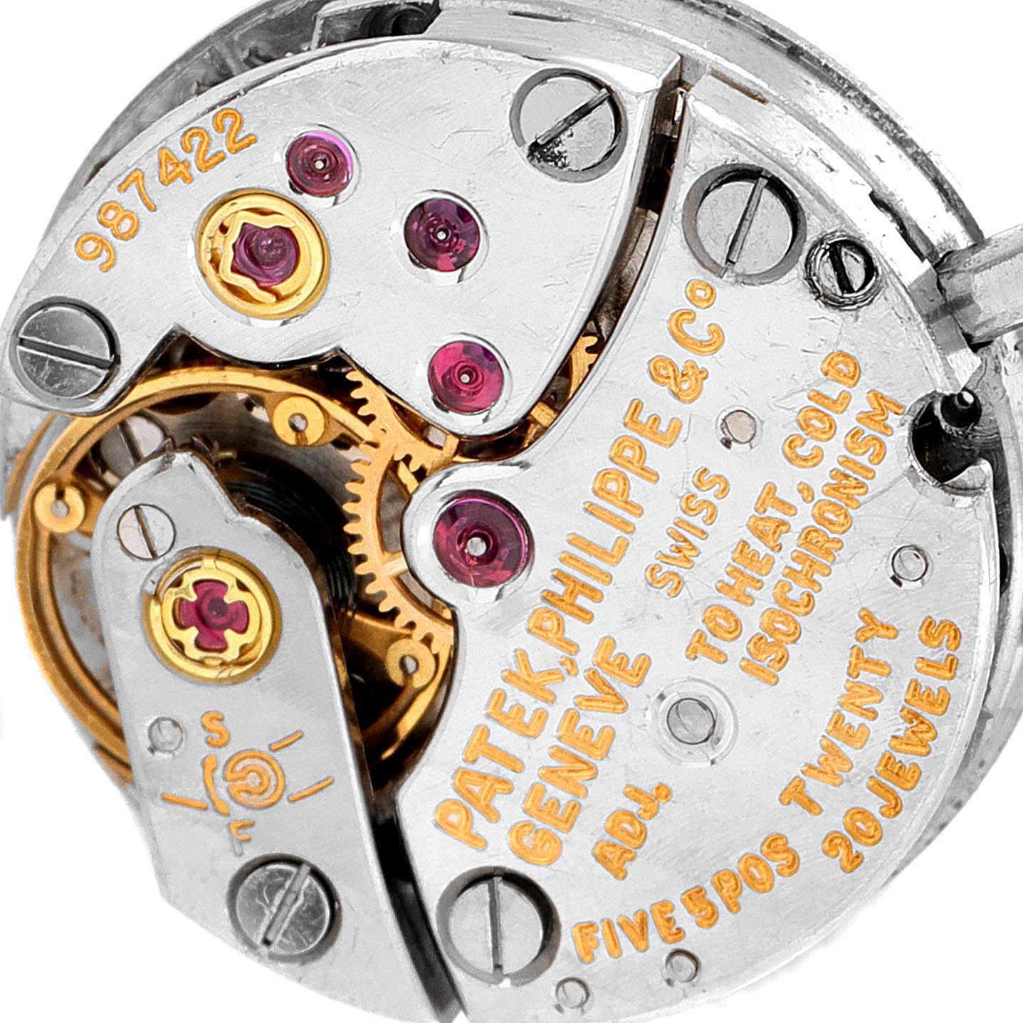 This image shows a close-up of the movement mechanism of a Patek Philippe Calatrava 3344 Women's White Gold Silver Dial 3344 Women's White Gold Silver Dial watch.