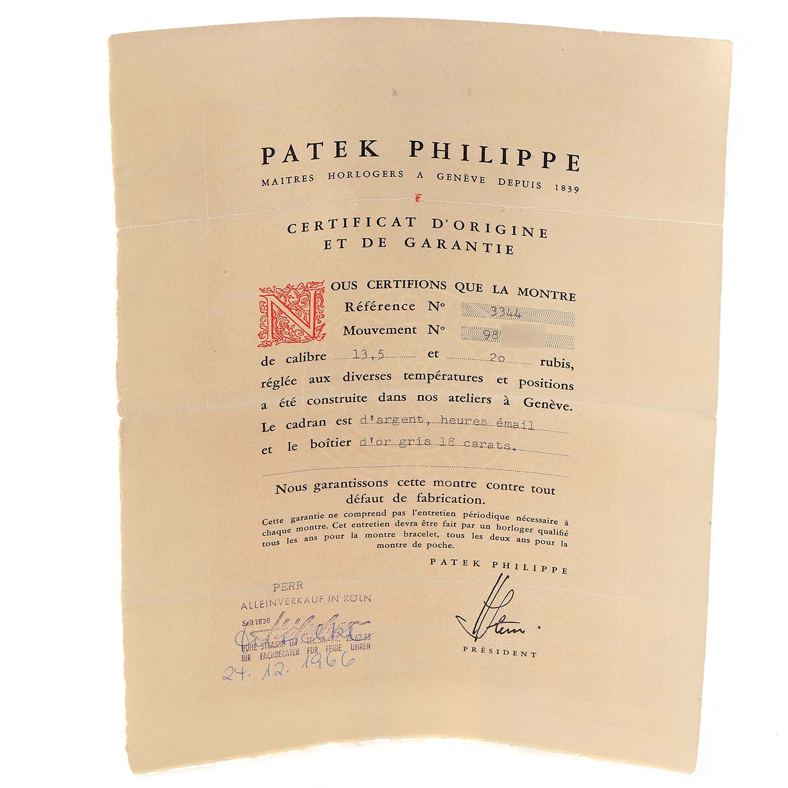 The image shows an original certificate of authenticity and warranty for a Patek Philippe Calatrava 3344 Women's White Gold Silver Dial 3344 Women's White Gold Silver Dial watch, providing details about the watch's specifications.