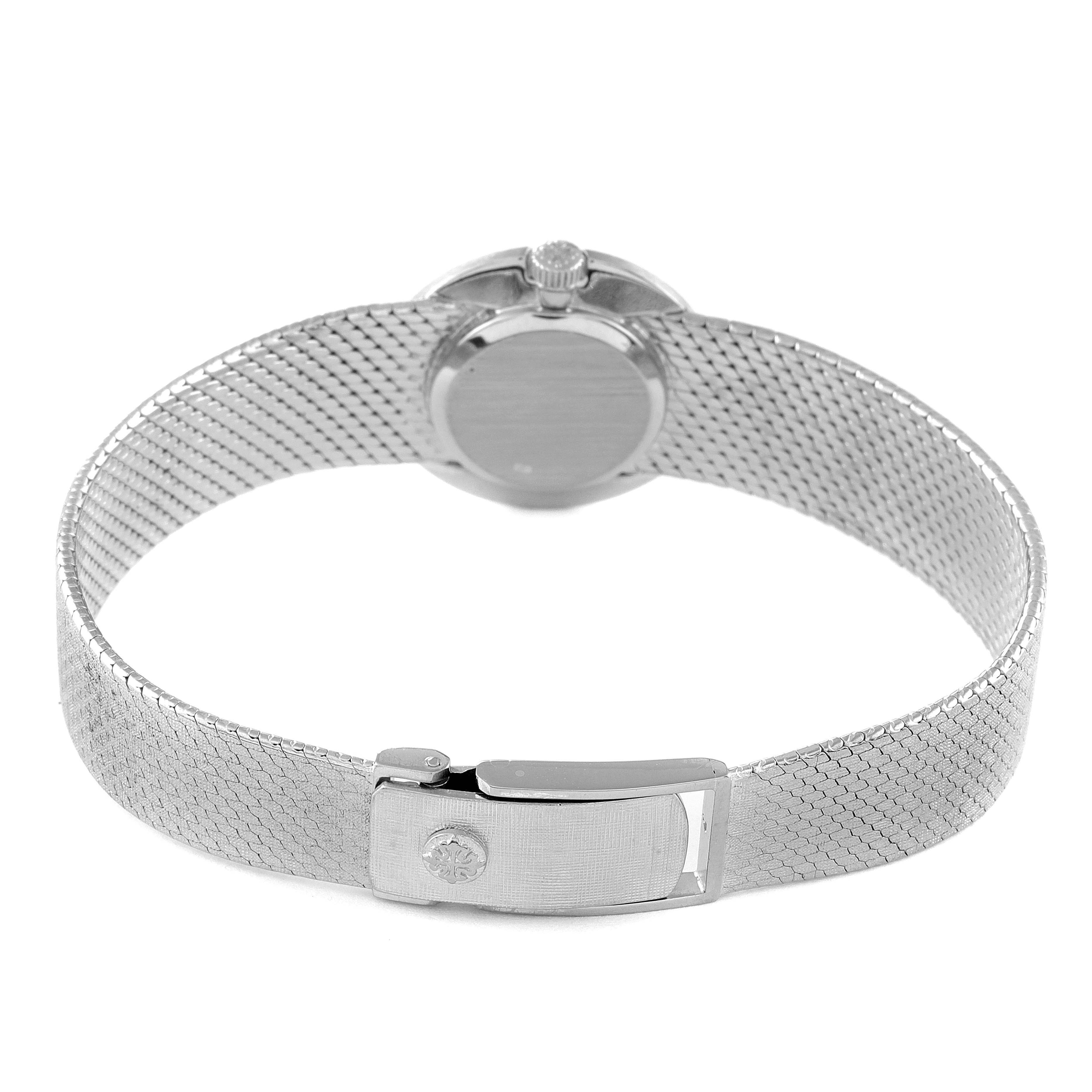 The image shows the back view of the Patek Philippe Calatrava 3344 Women's White Gold Silver Dial 3344 Women's White Gold Silver Dial watch, highlighting the mesh strap and clasp.