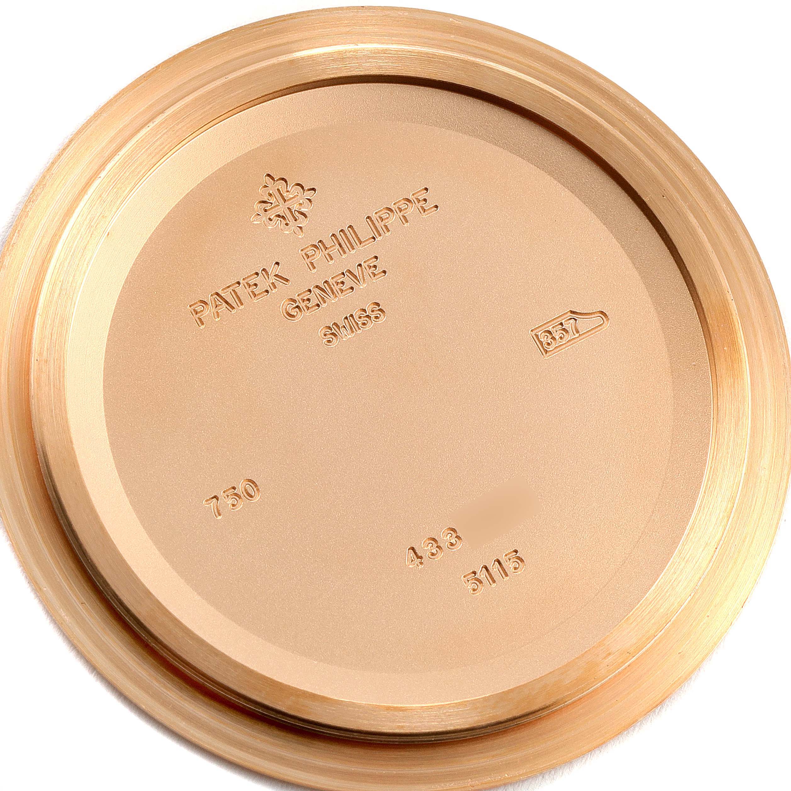 This image shows the inside of the case back for a Patek Philippe Calatrava 5115R Men's Rose Gold White Dial 5115R Men's Rose Gold White Dial watch.