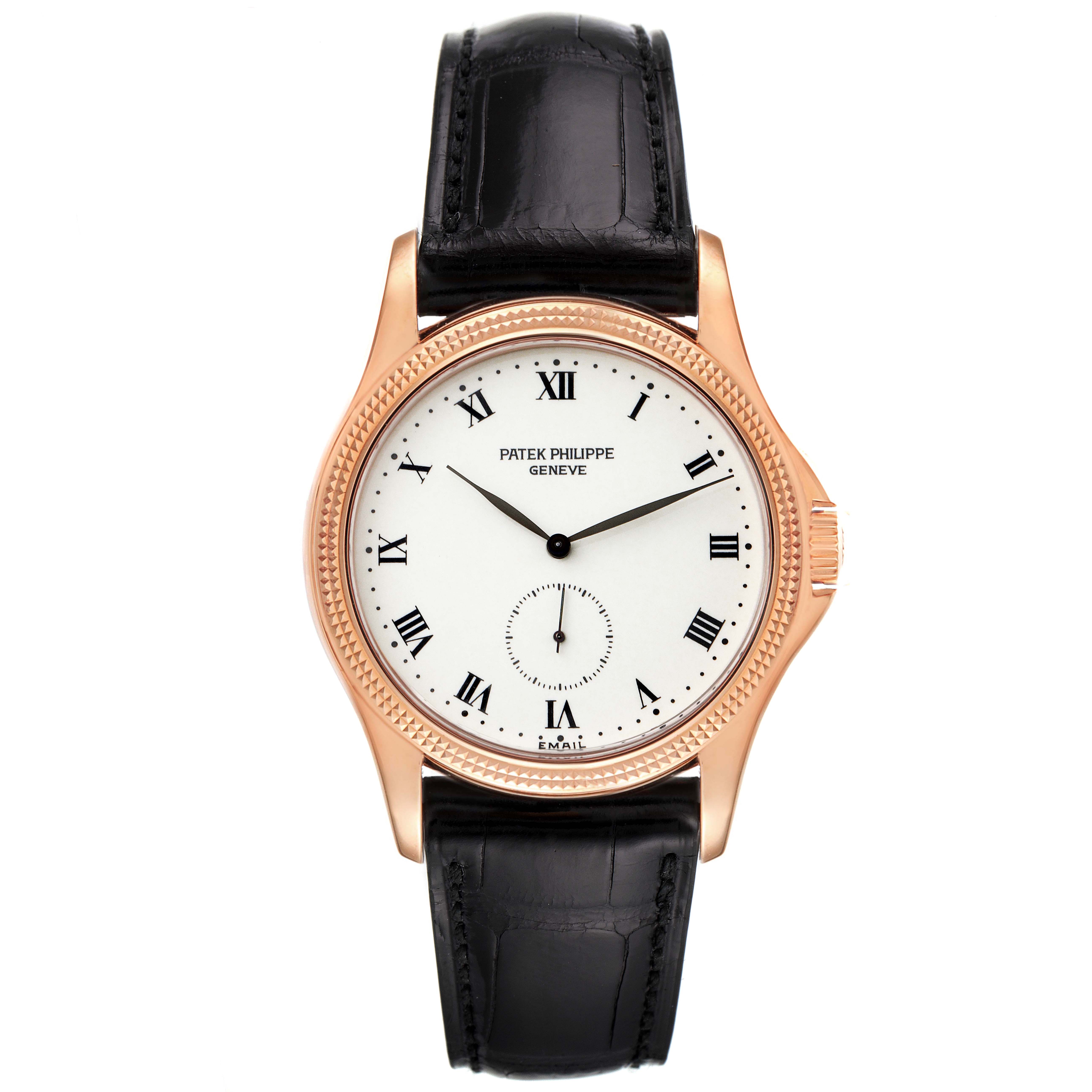 The image shows a frontal view of the Patek Philippe Calatrava 5115R Men's Rose Gold White Dial 5115R Men's Rose Gold White Dial watch, displaying the dial, hands, bezel, case, crown, and leather strap.