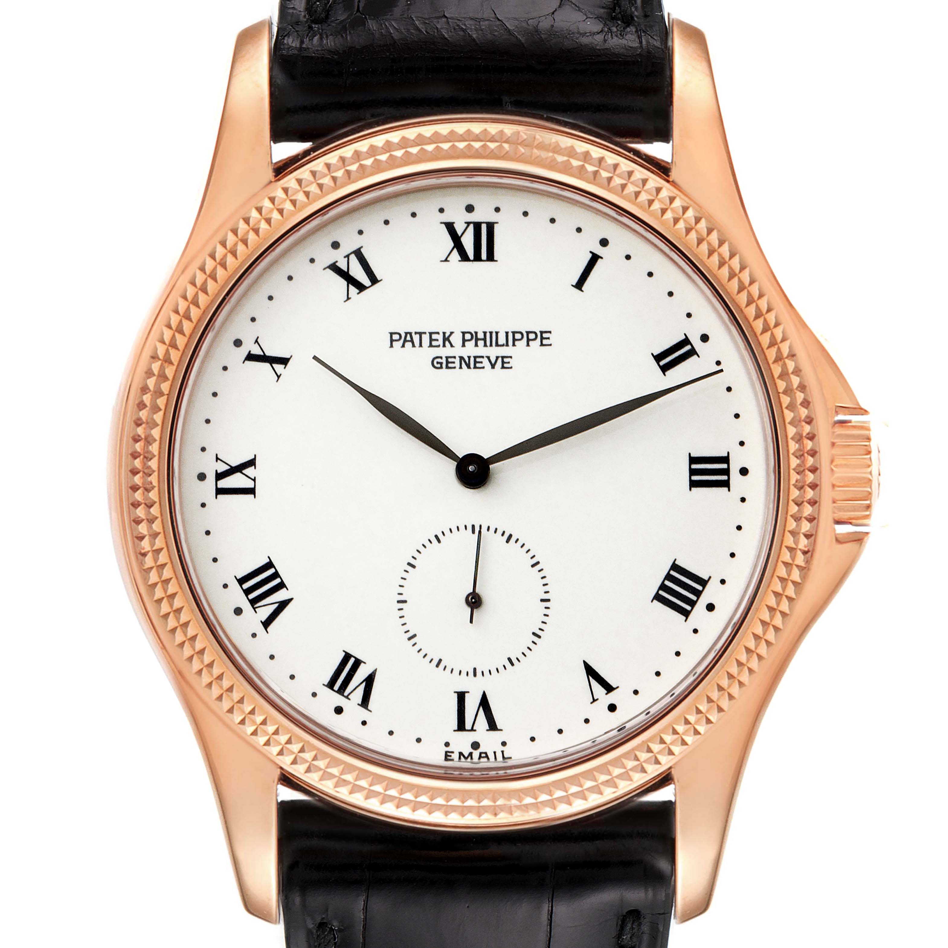 The image shows a front view of the Patek Philippe Calatrava 5115R Men's Rose Gold White Dial 5115R Men's Rose Gold White Dial watch, featuring its dial, hands, and crown.
