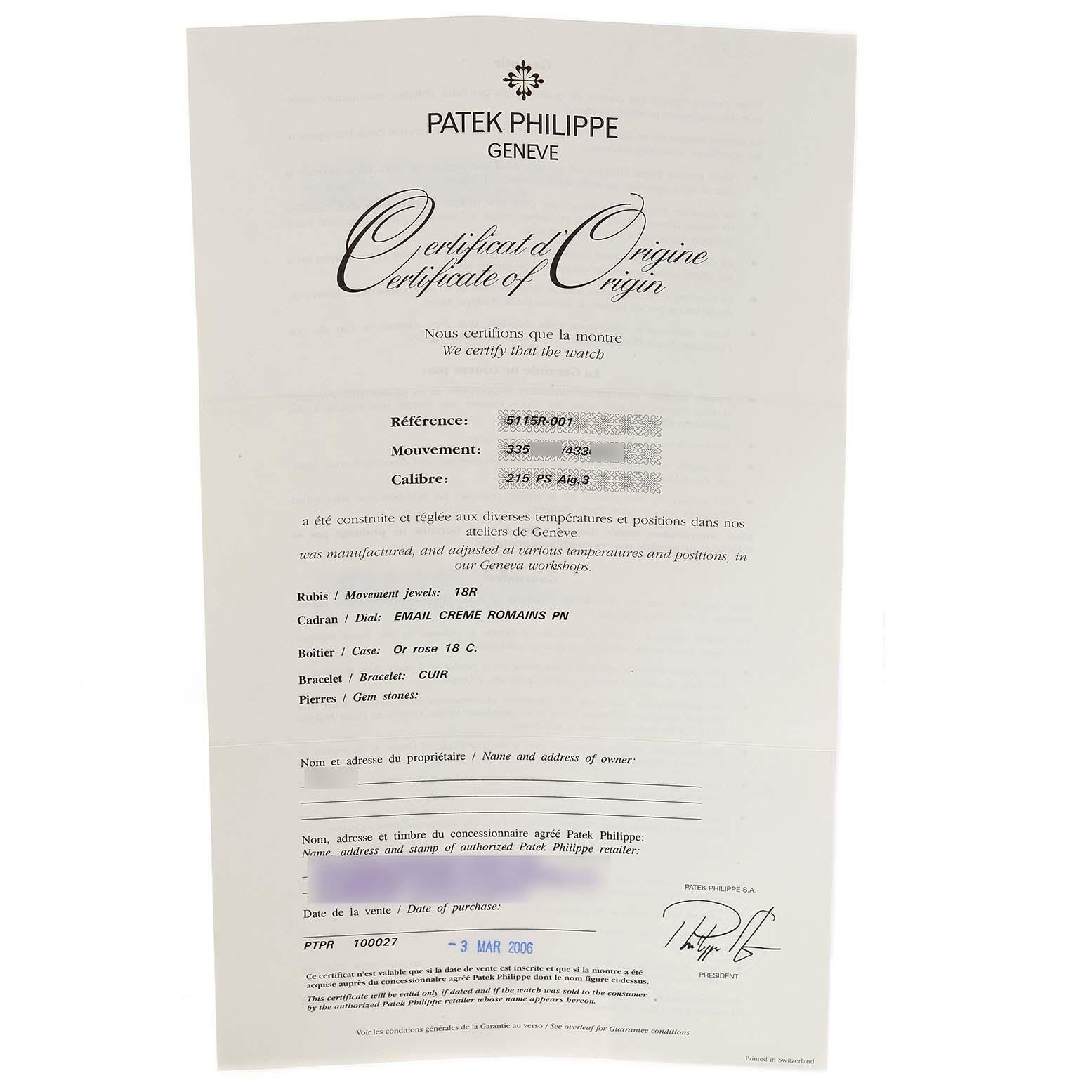 The image displays the Certificate of Origin for the Patek Philippe Calatrava 5115R Men's Rose Gold White Dial 5115R Men's Rose Gold White Dial model watch, showing reference, movement, and caliber details.