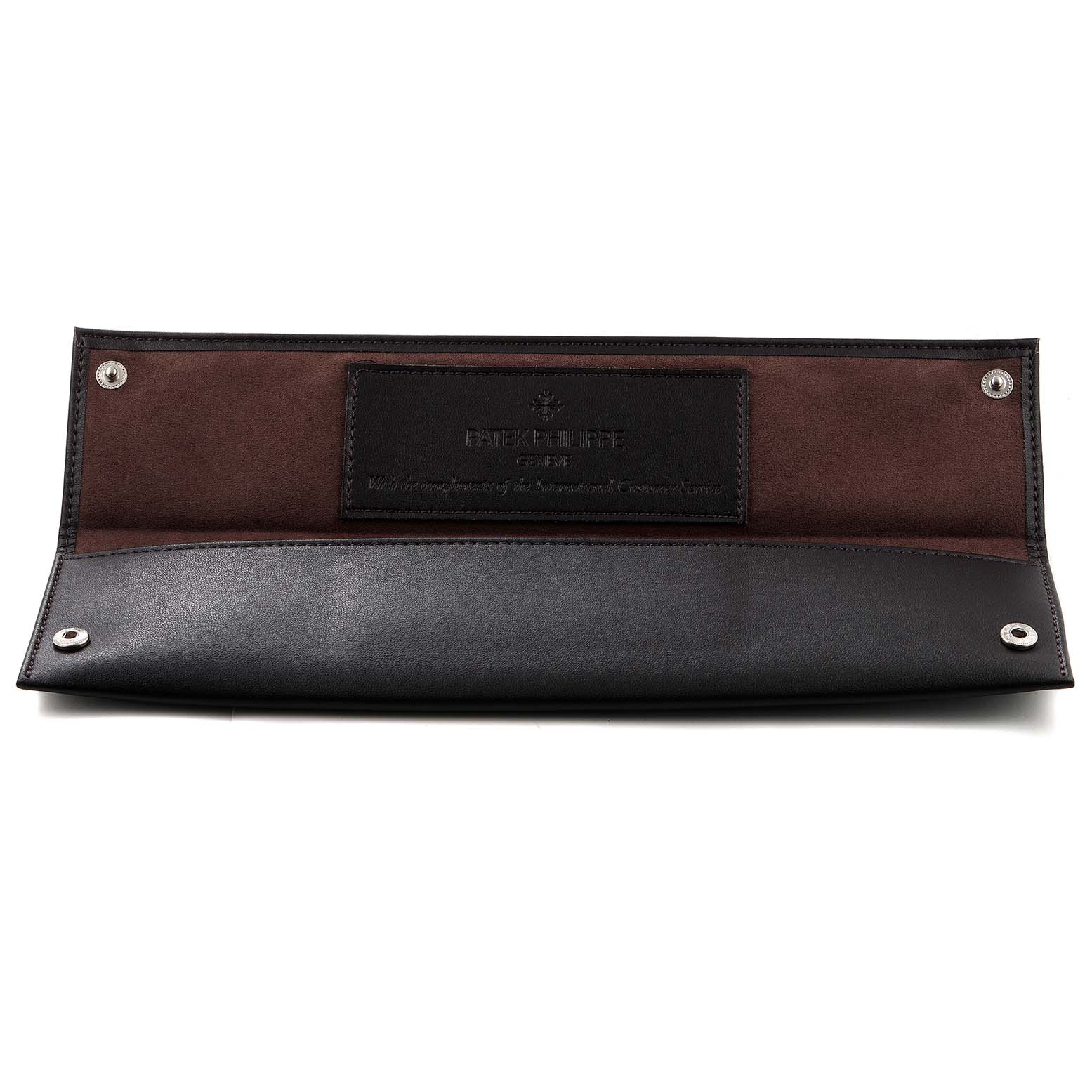 The image shows an open leather pouch for a Patek Philippe Calatrava 5196J Men's Yellow Gold Silver Dial 5196J Men's Yellow Gold Silver Dial watch, viewed from the front.