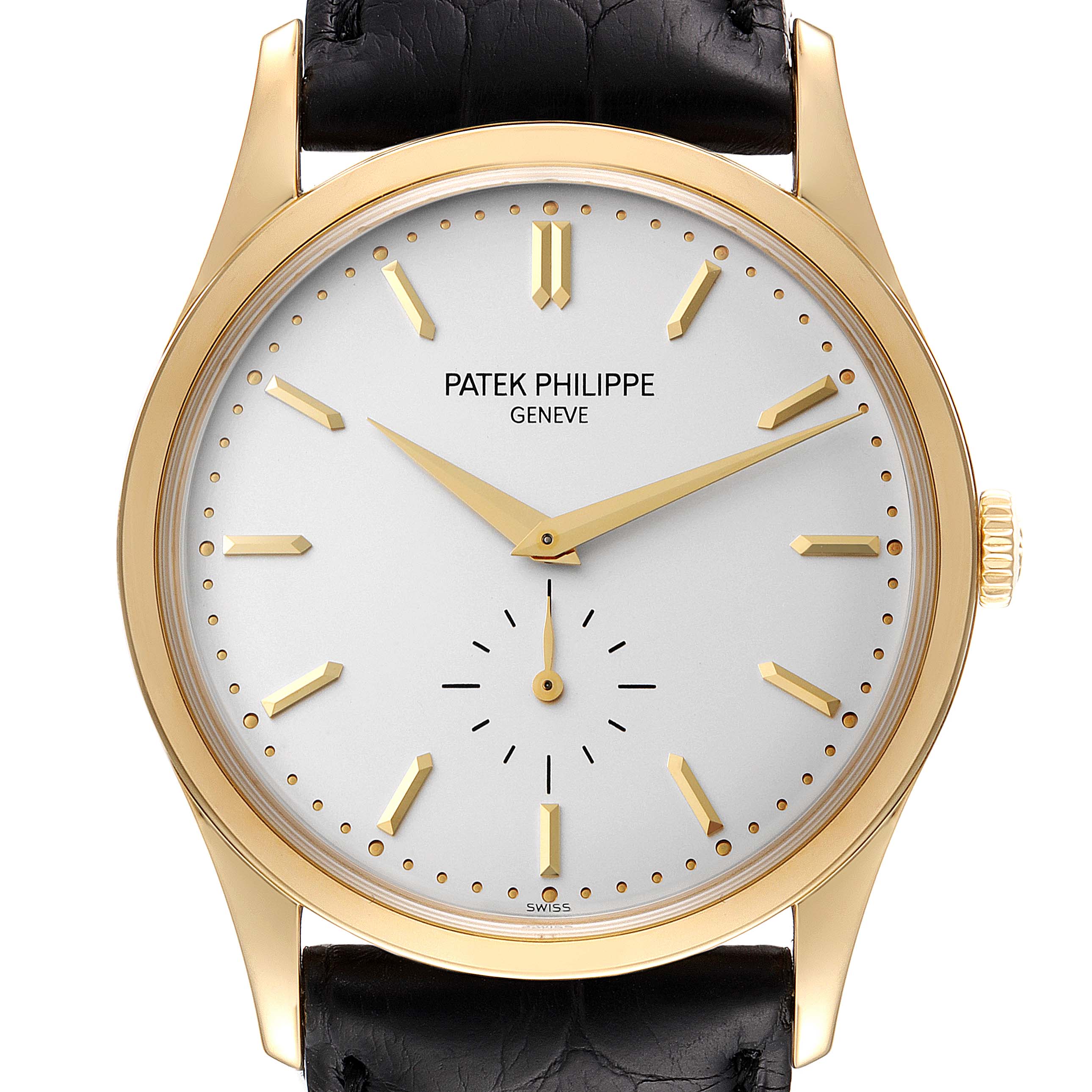 The image shows a front view of the Patek Philippe Calatrava 5196J Men's Yellow Gold Silver Dial 5196J Men's Yellow Gold Silver Dial watch, highlighting the gold case, dial, hands, and black leather strap.