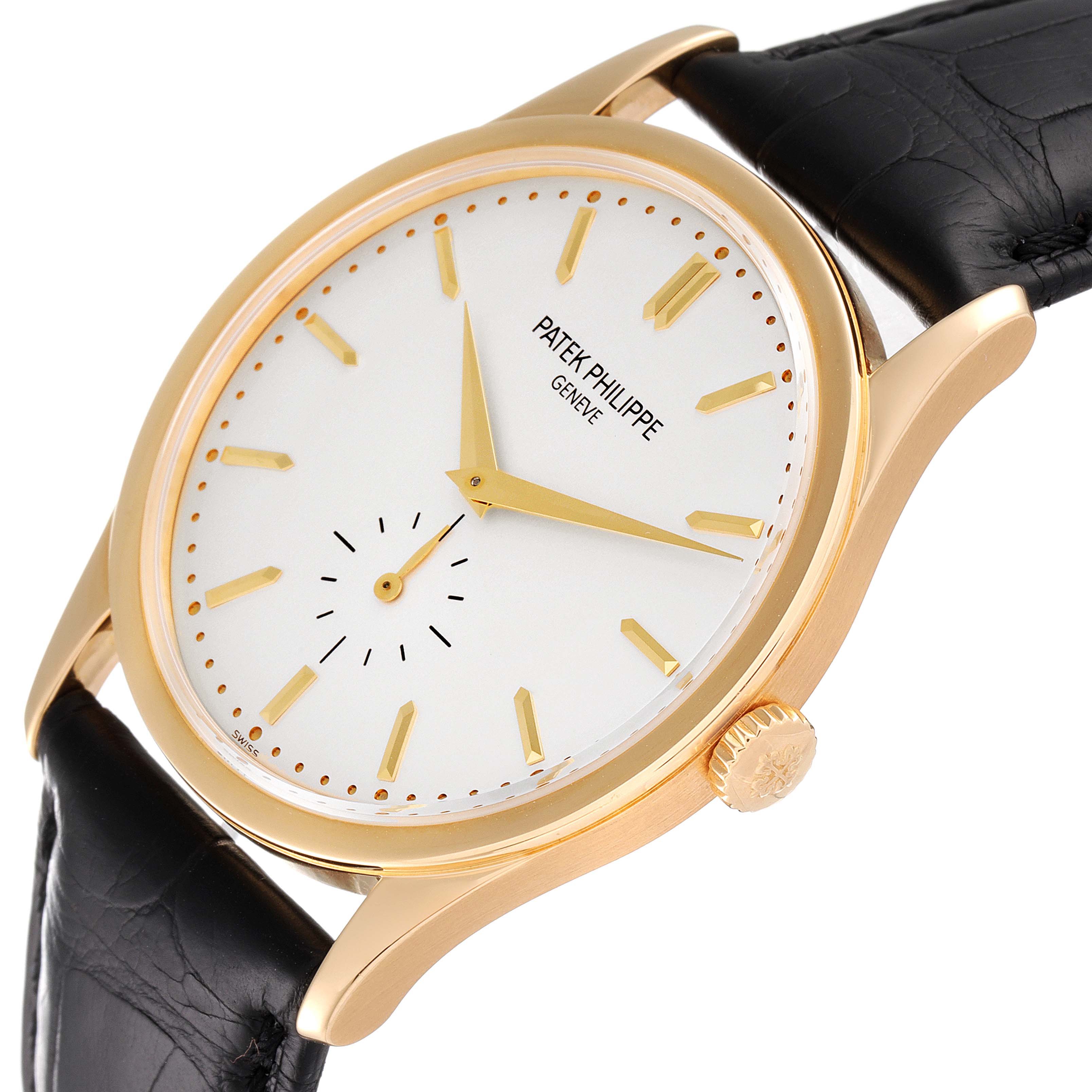 This image is a close-up, slightly angled view of the Patek Philippe Calatrava 5196J Men's Yellow Gold Silver Dial 5196J Men's Yellow Gold Silver Dial watch, showing its face, crown, and leather strap.