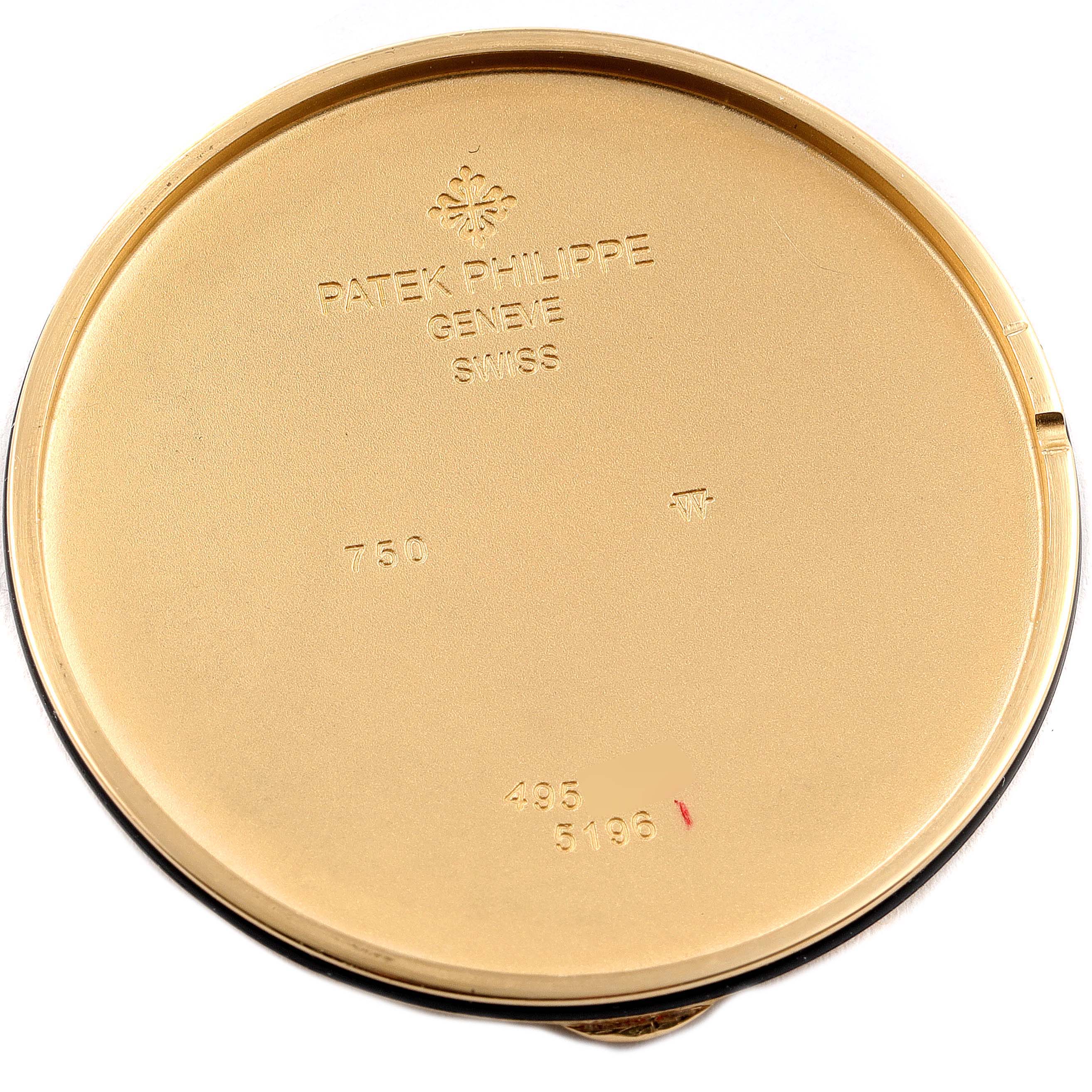 This image shows the case back interior of a Patek Philippe Calatrava 5196J Men's Yellow Gold Silver Dial 5196J Men's Yellow Gold Silver Dial model watch.