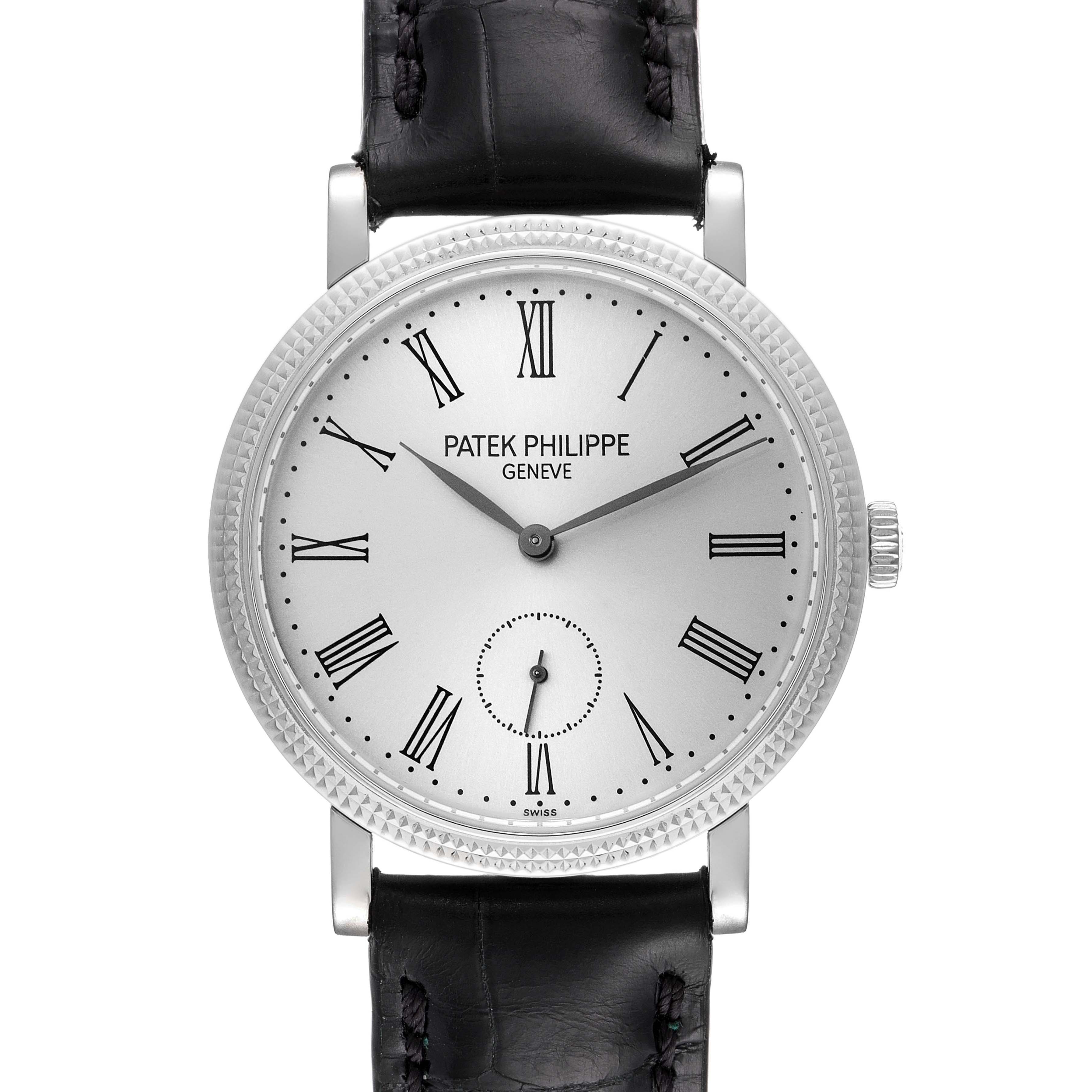 This image shows a front view of the Patek Philippe Calatrava 7119G Men's White Gold Silver Dial 7119G Men's White Gold Silver Dial watch, highlighting its dial, Roman numerals, and black leather strap.