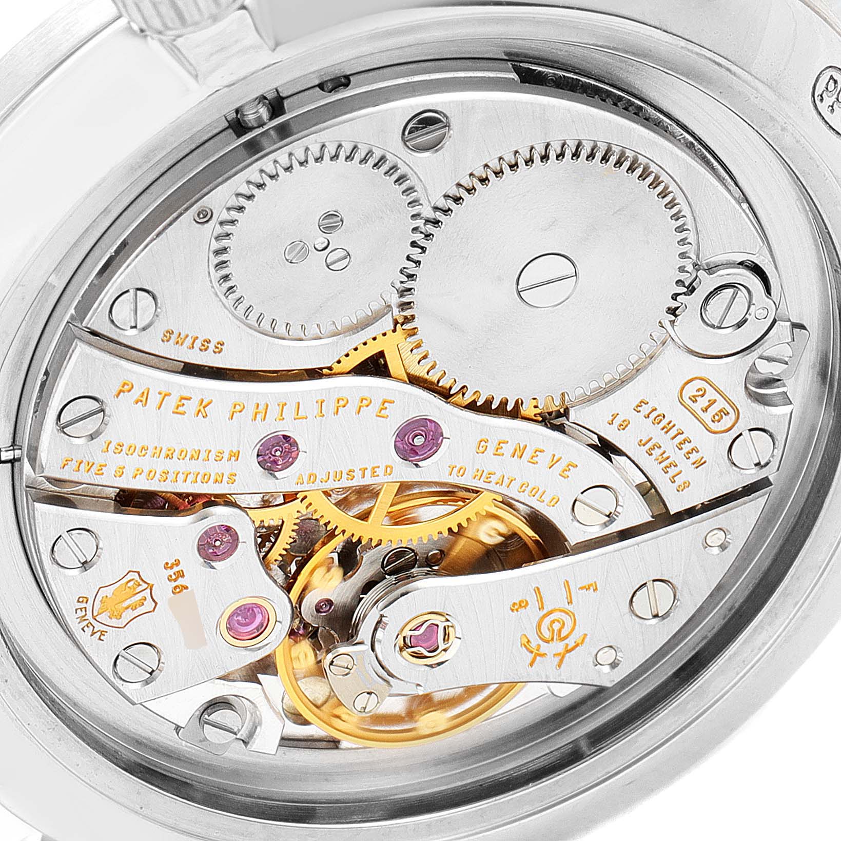 This image shows the detailed inner mechanical movement of a Patek Philippe Calatrava 7119G Men's White Gold Silver Dial 7119G Men's White Gold Silver Dial watch from the back.