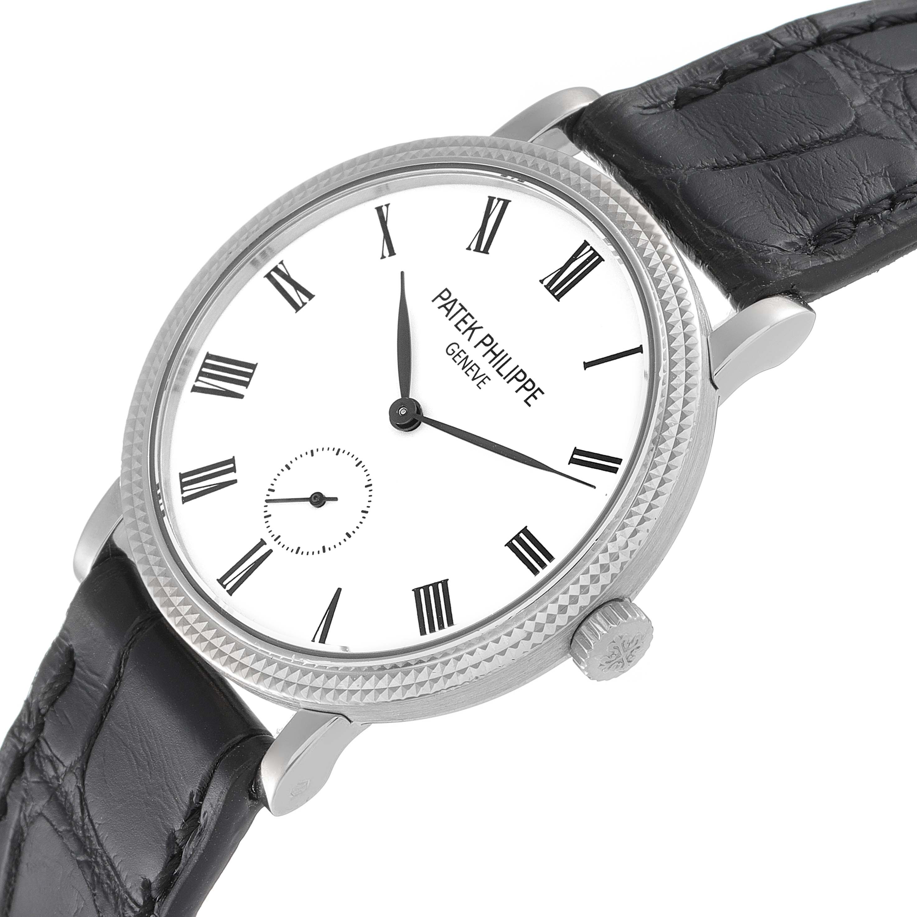 The image shows a close-up angled view of the Patek Philippe Calatrava 7119G Women's White Gold White Dial 7119G Women's White Gold White Dial watch face and strap.
