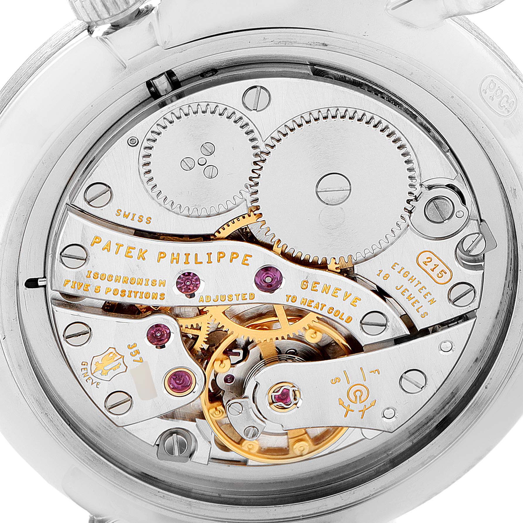 The image shows the intricate inner mechanics of a Patek Philippe Calatrava 7119G Women's White Gold White Dial 7119G Women's White Gold White Dial watch from a close-up rear angle.