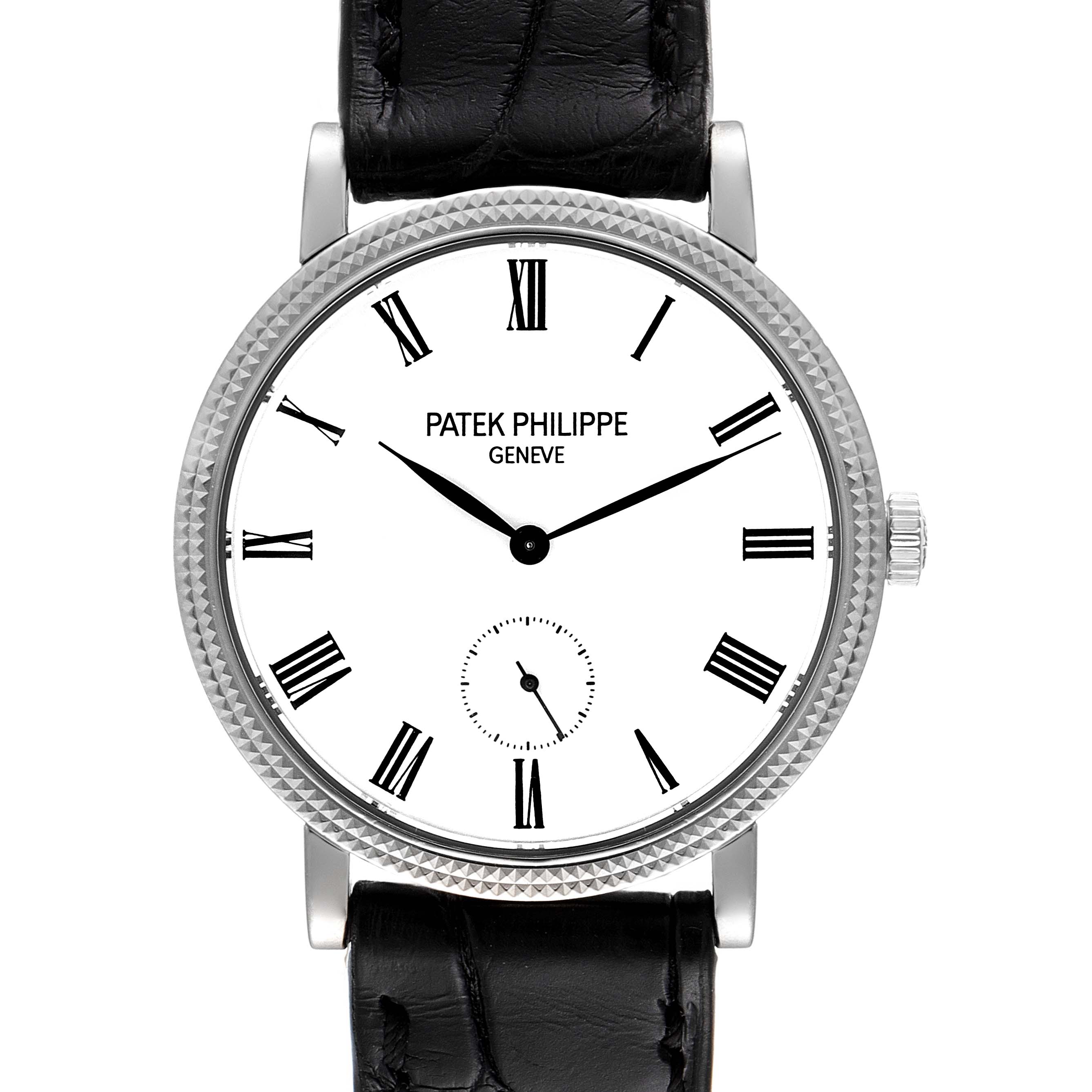 The image shows a front view of a Patek Philippe Calatrava 7119G Women's White Gold White Dial 7119G Women's White Gold White Dial watch, featuring its dial, bezel, and strap.