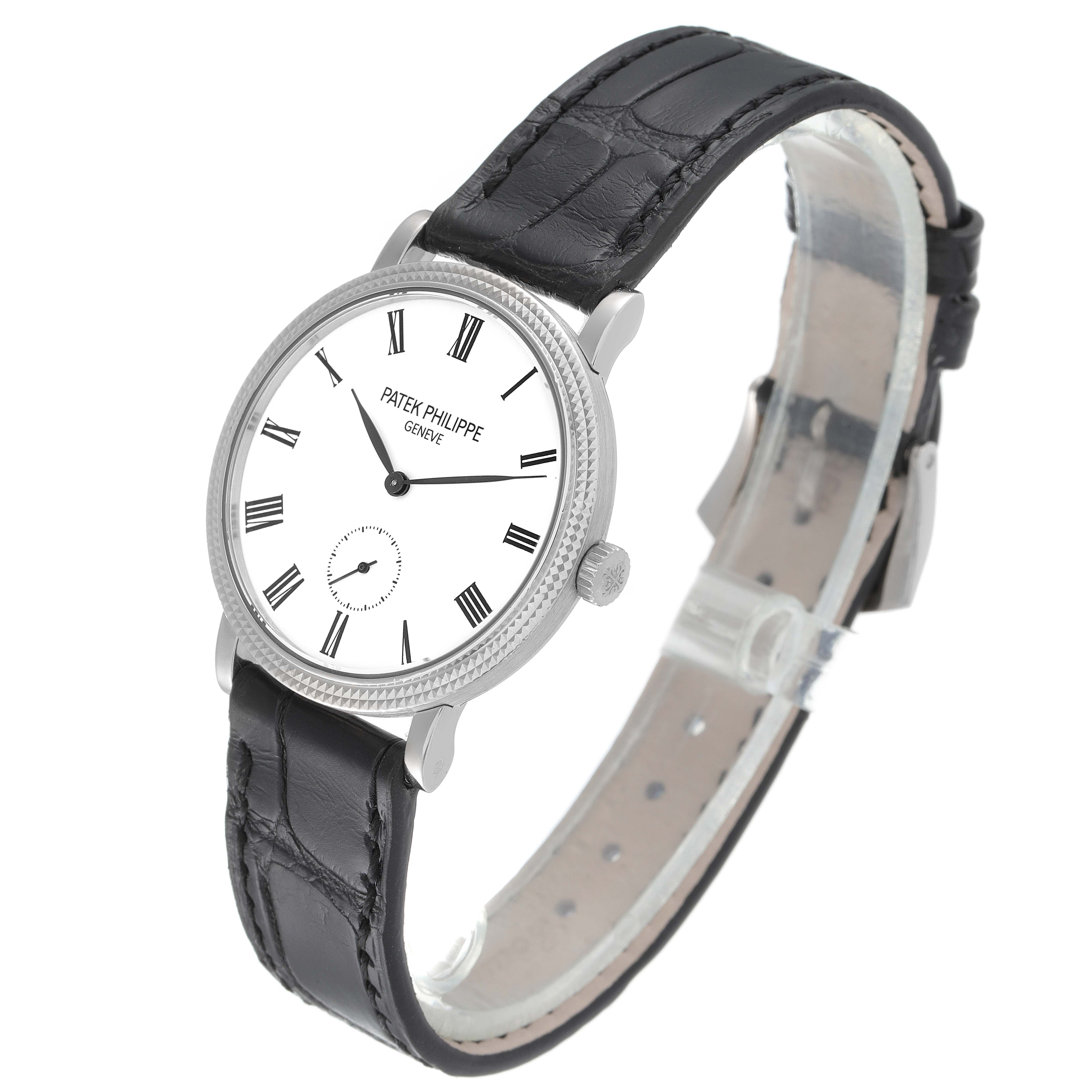 This image shows a side view of the Patek Philippe Calatrava 7119G Women's White Gold White Dial 7119G Women's White Gold White Dial watch featuring its face, strap, and buckle.