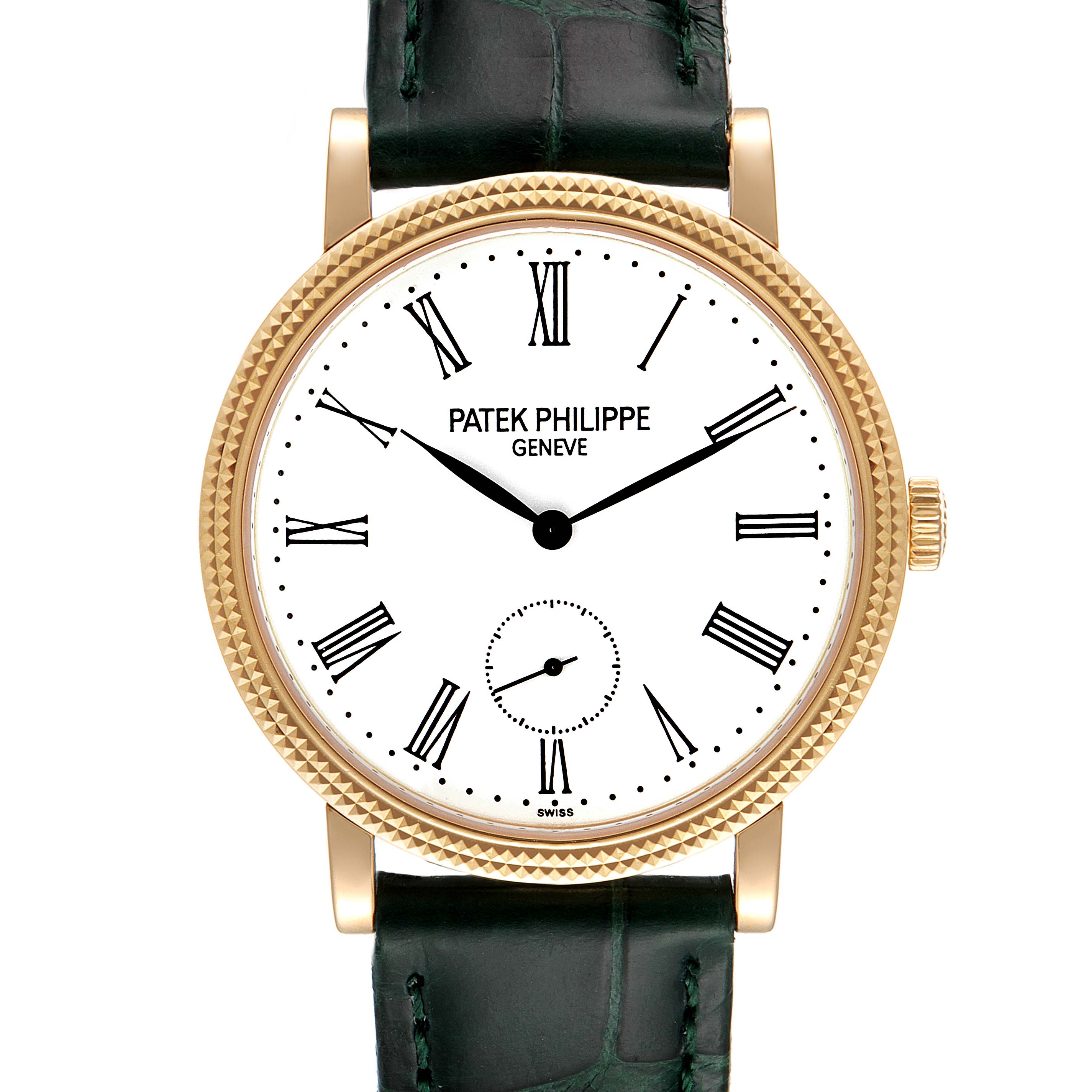 The image shows a front view of the Patek Philippe Calatrava 7119J Women's Yellow Gold White Dial 7119J Women's Yellow Gold White Dial watch, featuring its dial, case, crown, and strap.