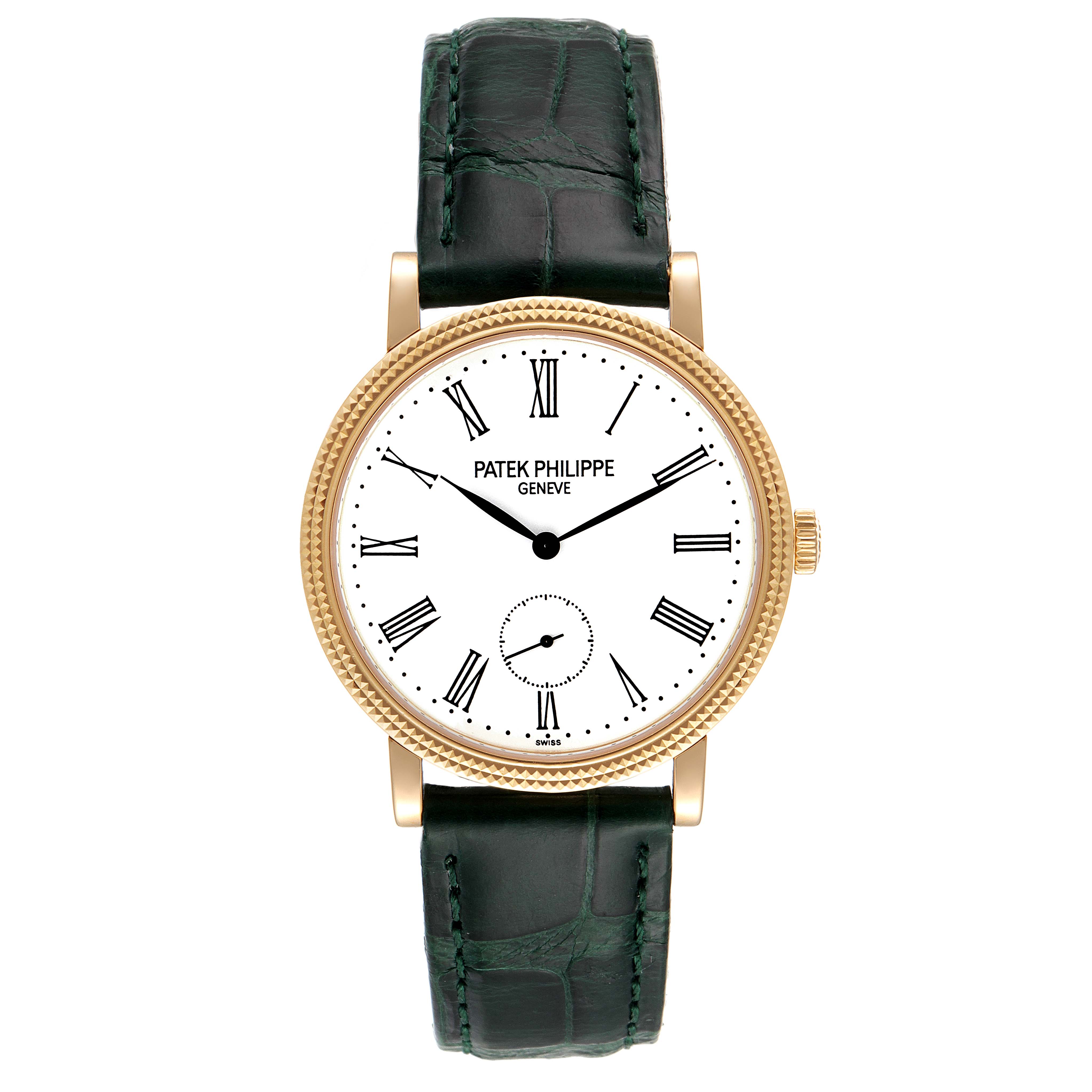 This image shows a frontal view of the Patek Philippe Calatrava 7119J Women's Yellow Gold White Dial 7119J Women's Yellow Gold White Dial watch, highlighting the dial, case, and leather strap.
