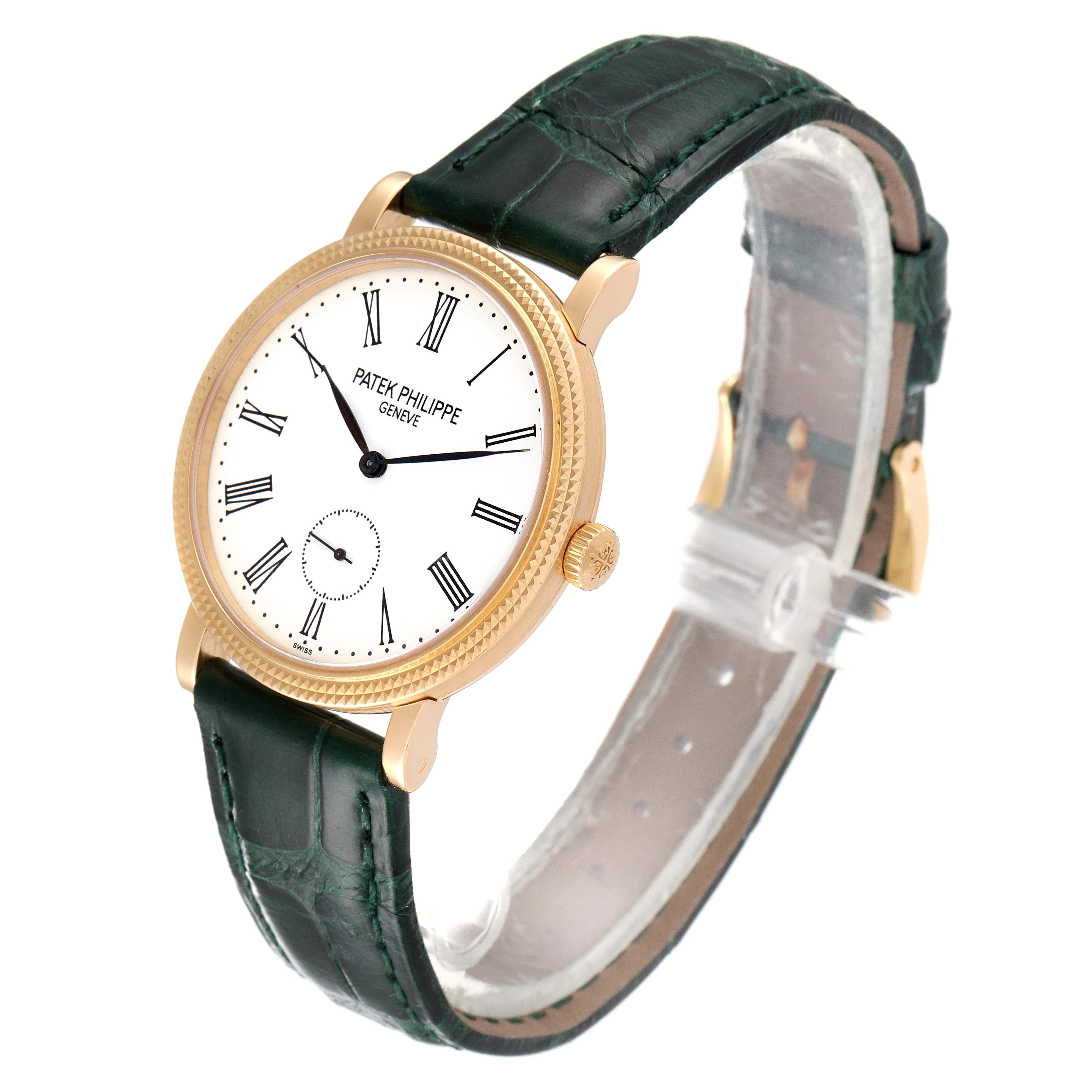 The image shows a Patek Philippe Calatrava 7119J Women's Yellow Gold White Dial 7119J Women's Yellow Gold White Dial watch at a slight angle, highlighting the face, case, strap, and crown.