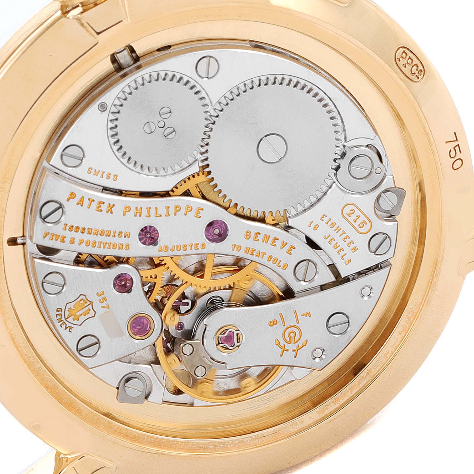 This image shows the intricate back view of the movement inside a Patek Philippe Calatrava 7119J Women's Yellow Gold White Dial 7119J Women's Yellow Gold White Dial watch.