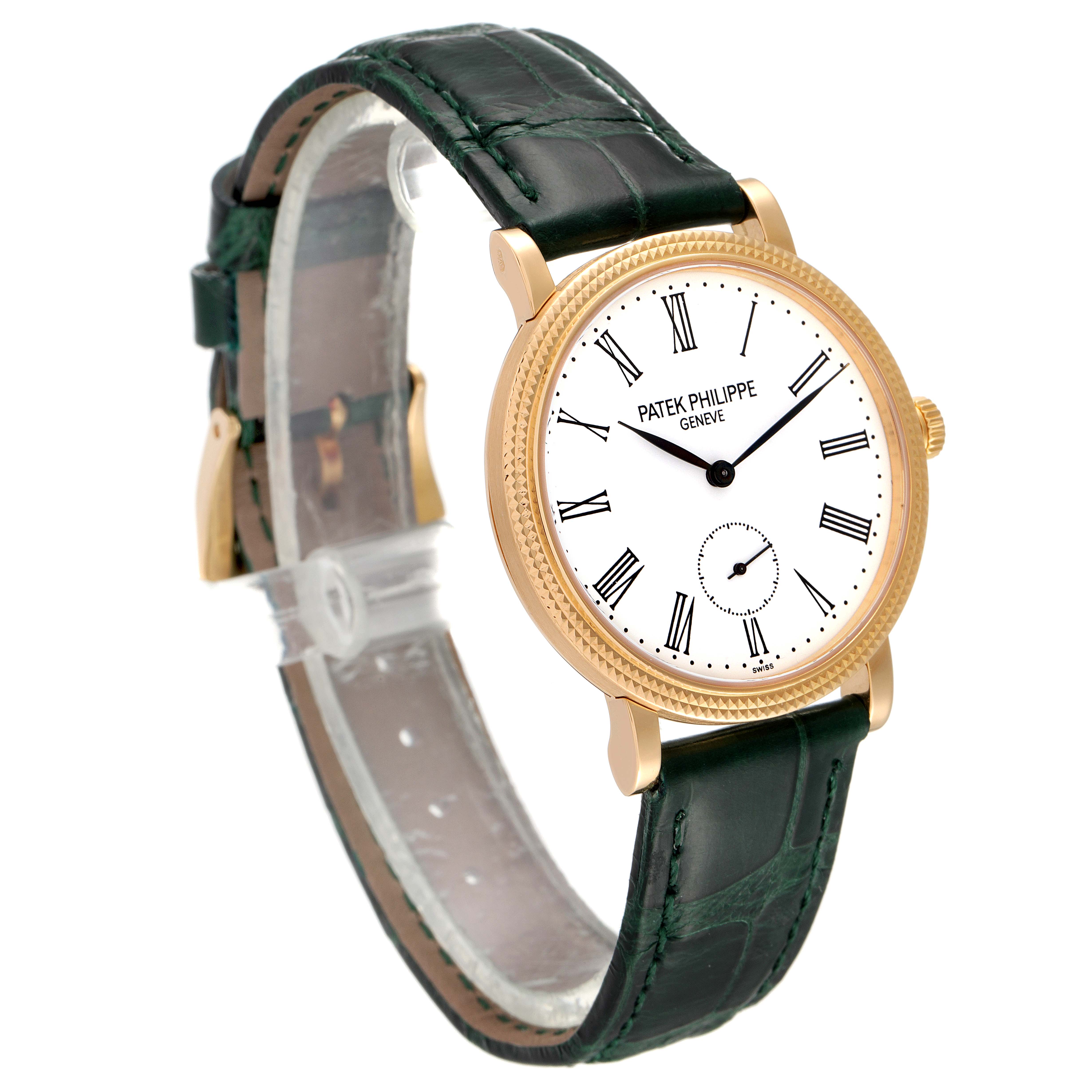 This image shows a Patek Philippe Calatrava 7119J Women's Yellow Gold White Dial 7119J Women's Yellow Gold White Dial watch at a three-quarter angle, highlighting the dial and leather strap.