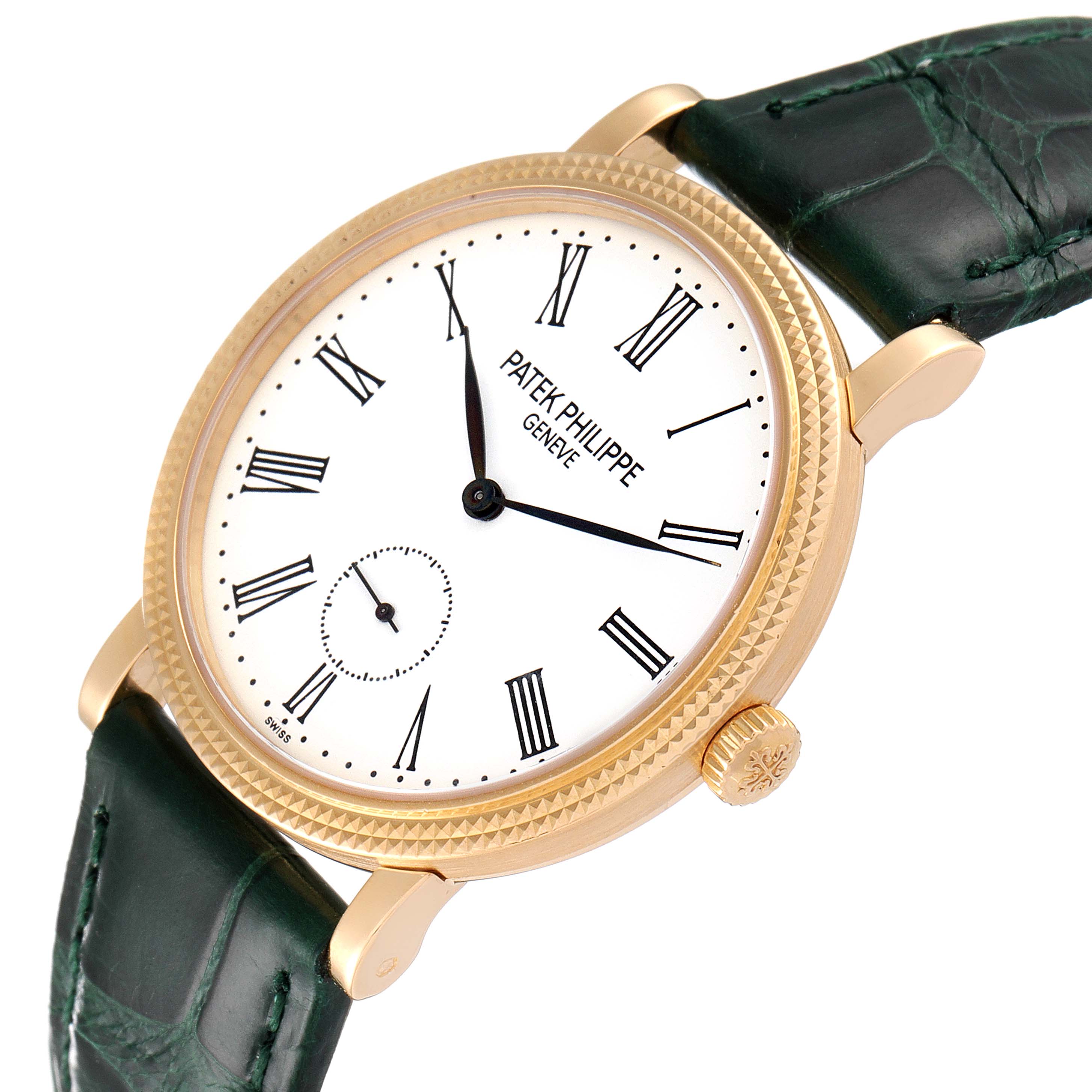 The Patek Philippe Calatrava 7119J Women's Yellow Gold White Dial 7119J Women's Yellow Gold White Dial watch is shown at a slight angle, highlighting its face, bezel, crown, and green leather strap.
