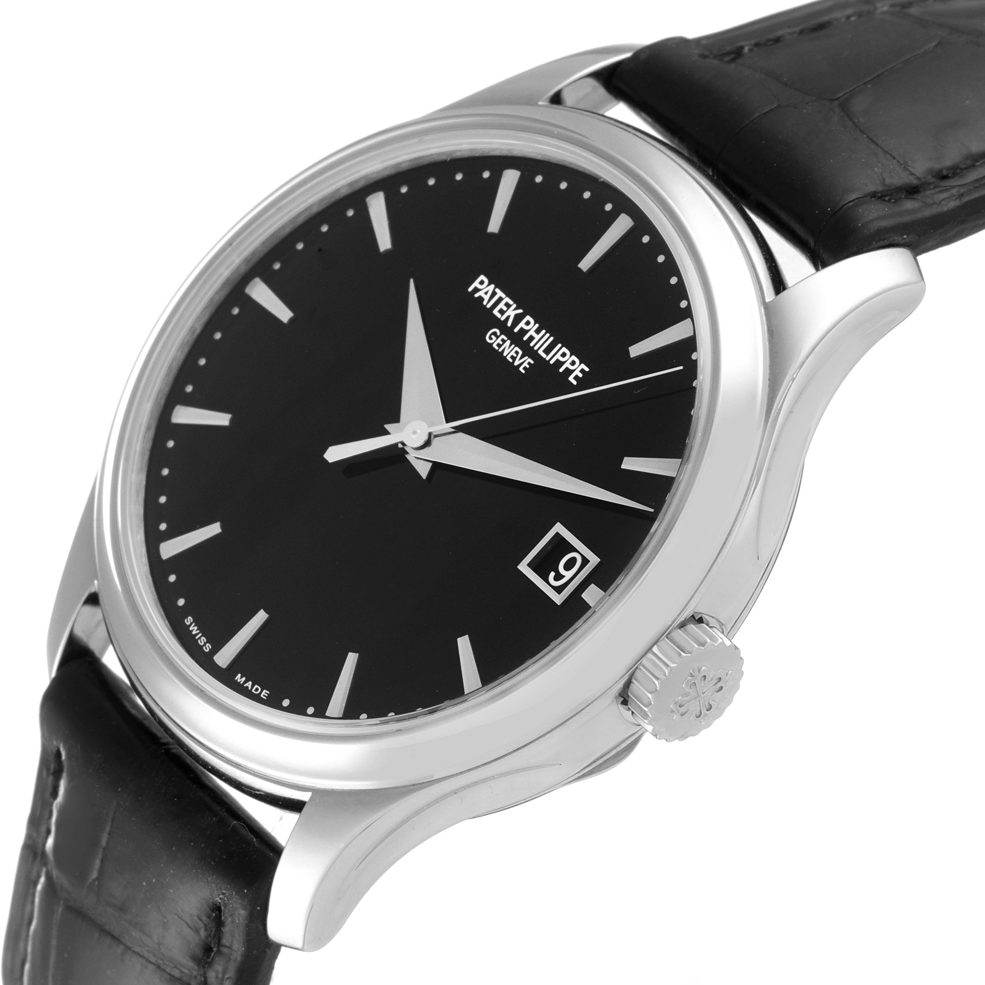 This image shows a close-up side angle of the Patek Philippe Calatrava 5227G Men's White Gold Black Dial 5227G Men's White Gold Black Dial watch, highlighting the dial, crown, and part of the strap.