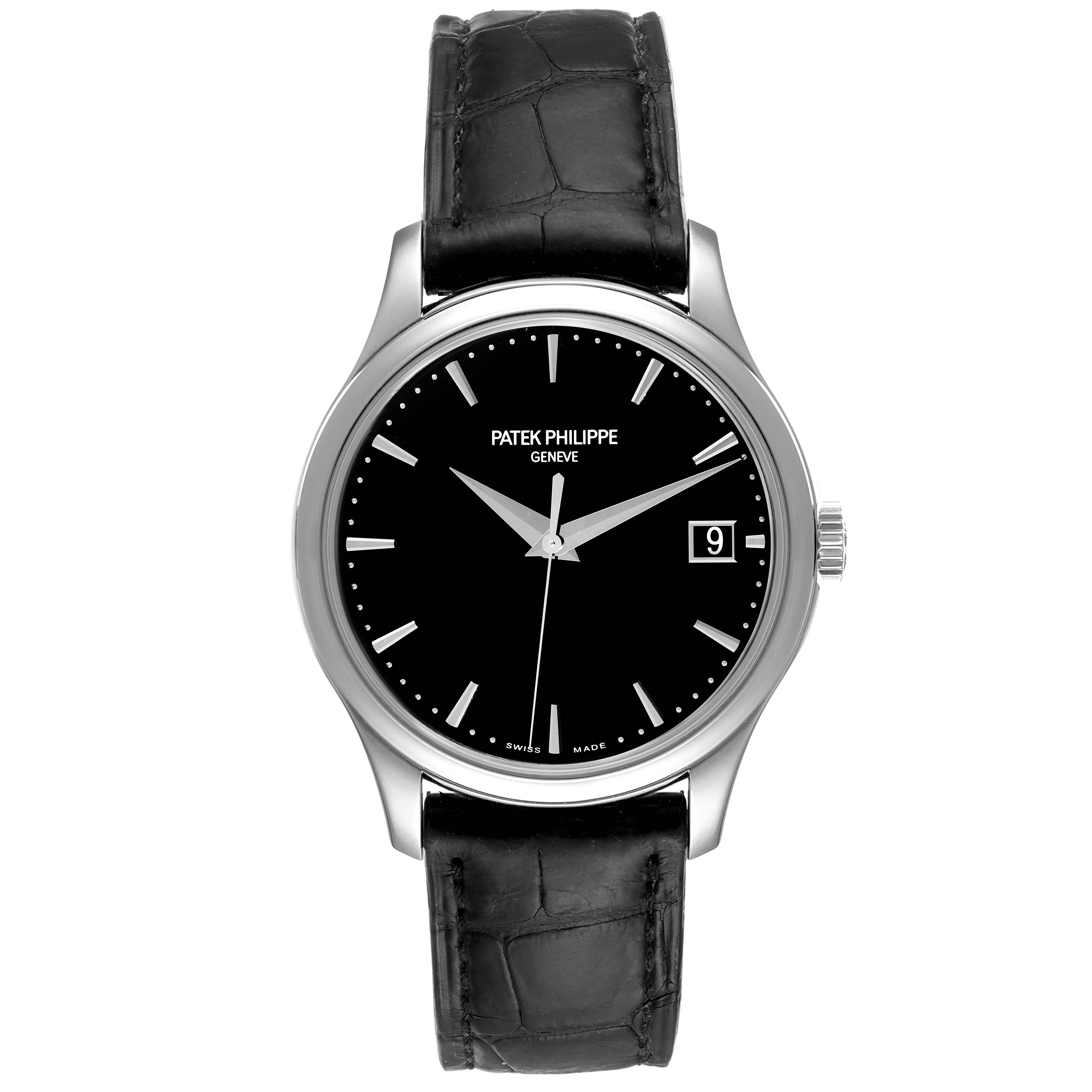 This image shows a frontal view of the Patek Philippe Calatrava 5227G Men's White Gold Black Dial 5227G Men's White Gold Black Dial watch, highlighting the black dial, silver case, and black leather strap.