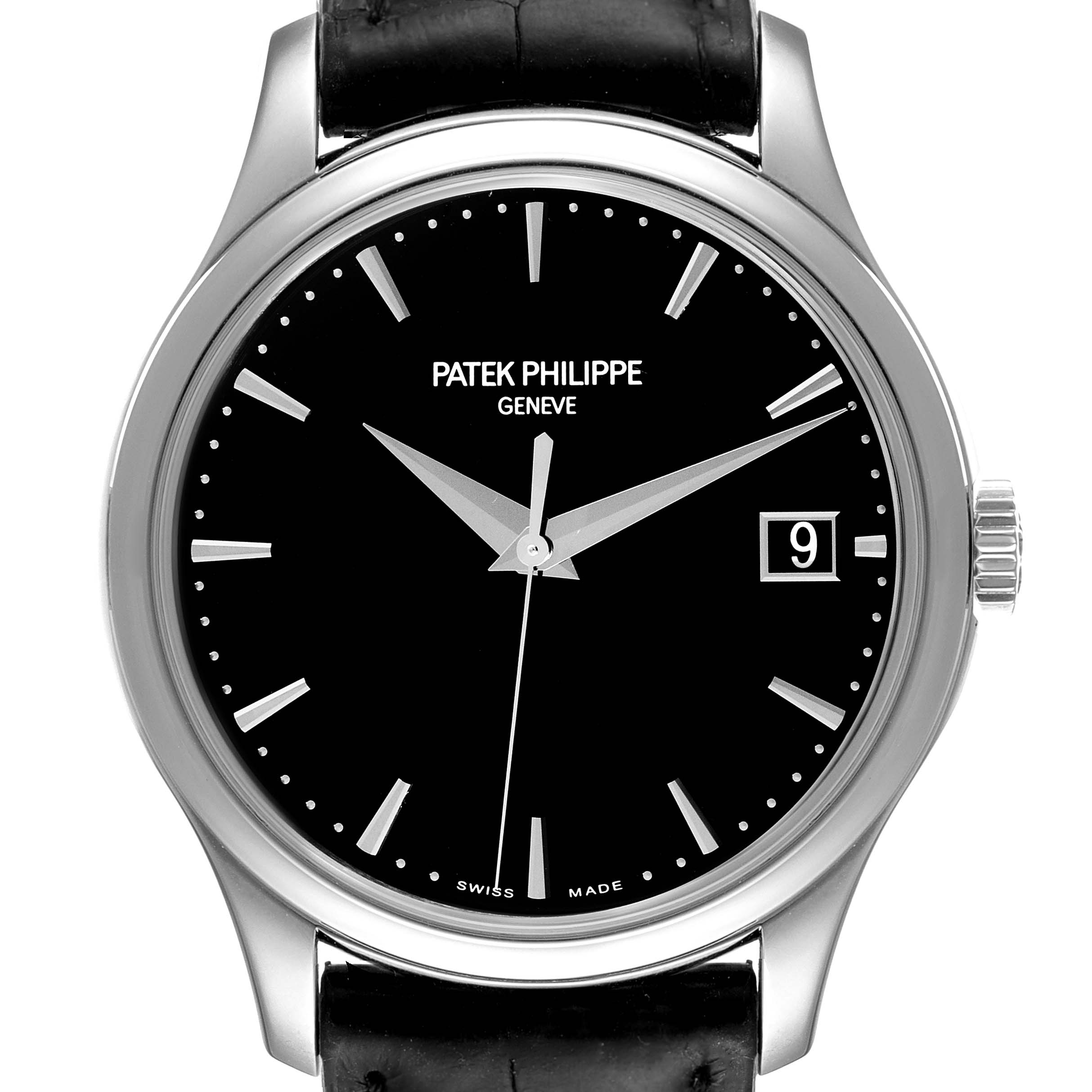 The image shows a front view of a Patek Philippe Calatrava 5227G Men's White Gold Black Dial 5227G Men's White Gold Black Dial watch, highlighting its black dial, date display, and leather strap.