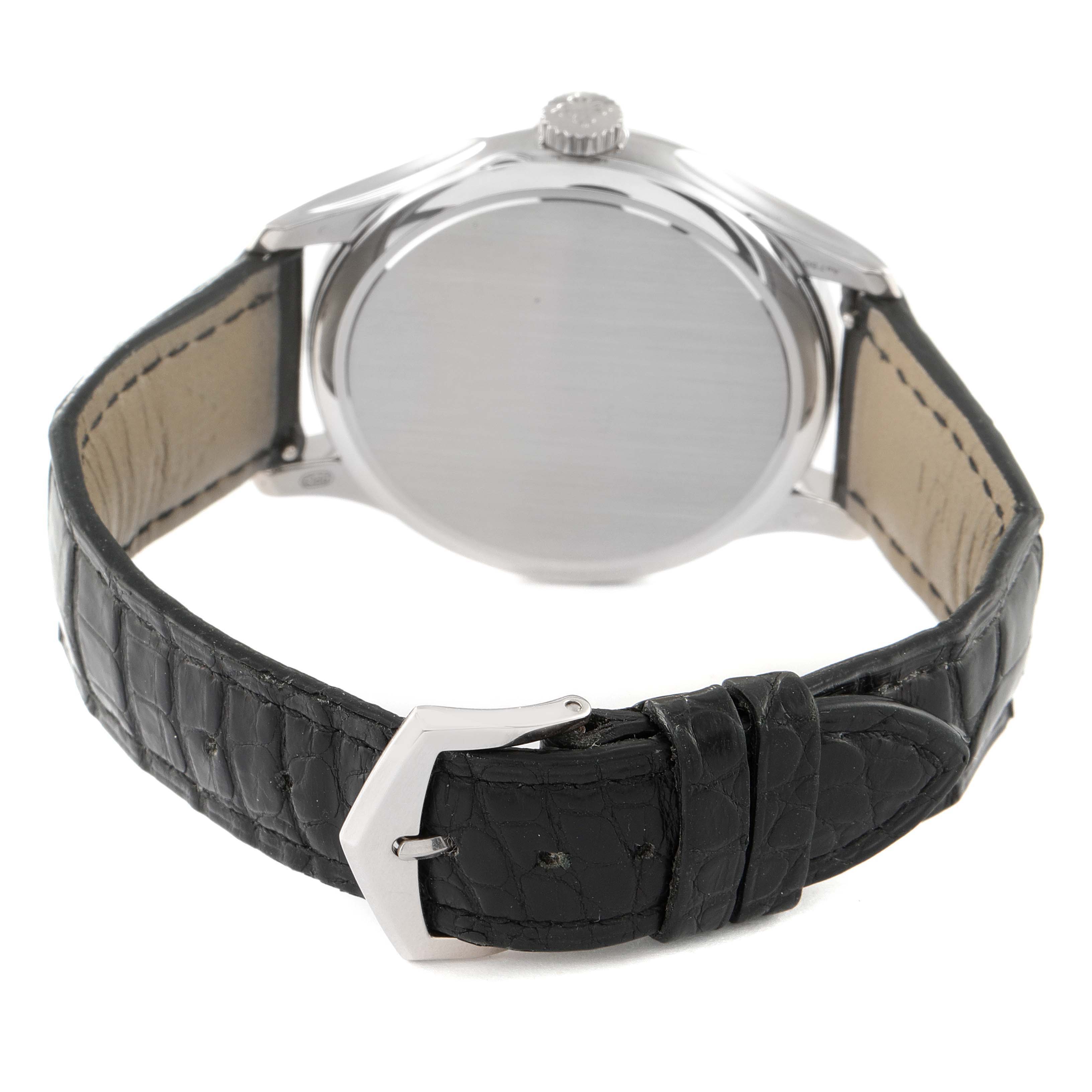 This image shows the back case and black leather strap of the Patek Philippe Calatrava 5227G Men's White Gold Black Dial 5227G Men's White Gold Black Dial watch.