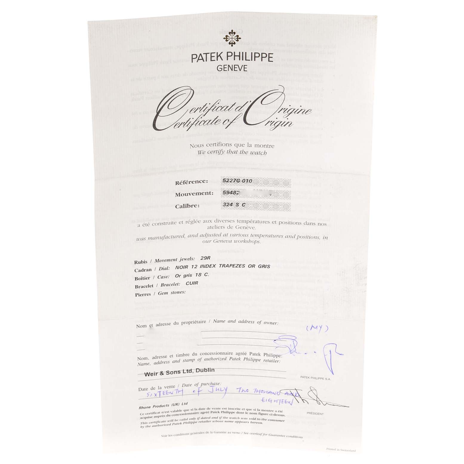The image shows a Certificate of Origin for the Calatrava model by Patek Philippe, viewed from a straight angle.
