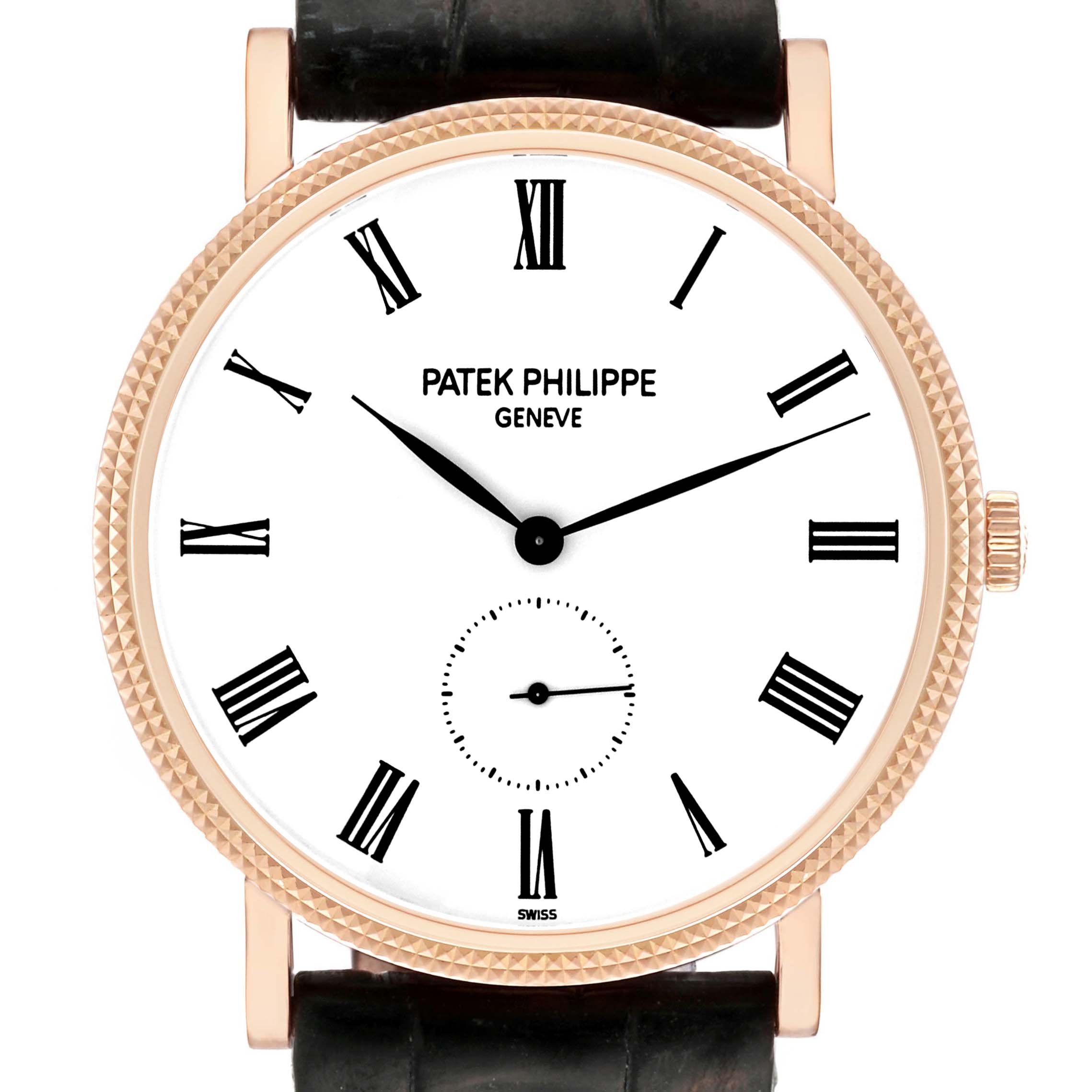 The image shows a frontal view of a Patek Philippe Calatrava 5119R Men
s Rose Gold White Dial 5119R Men
s Rose Gold White Dial watch with a white dial, black Roman numerals, and a textured bezel.