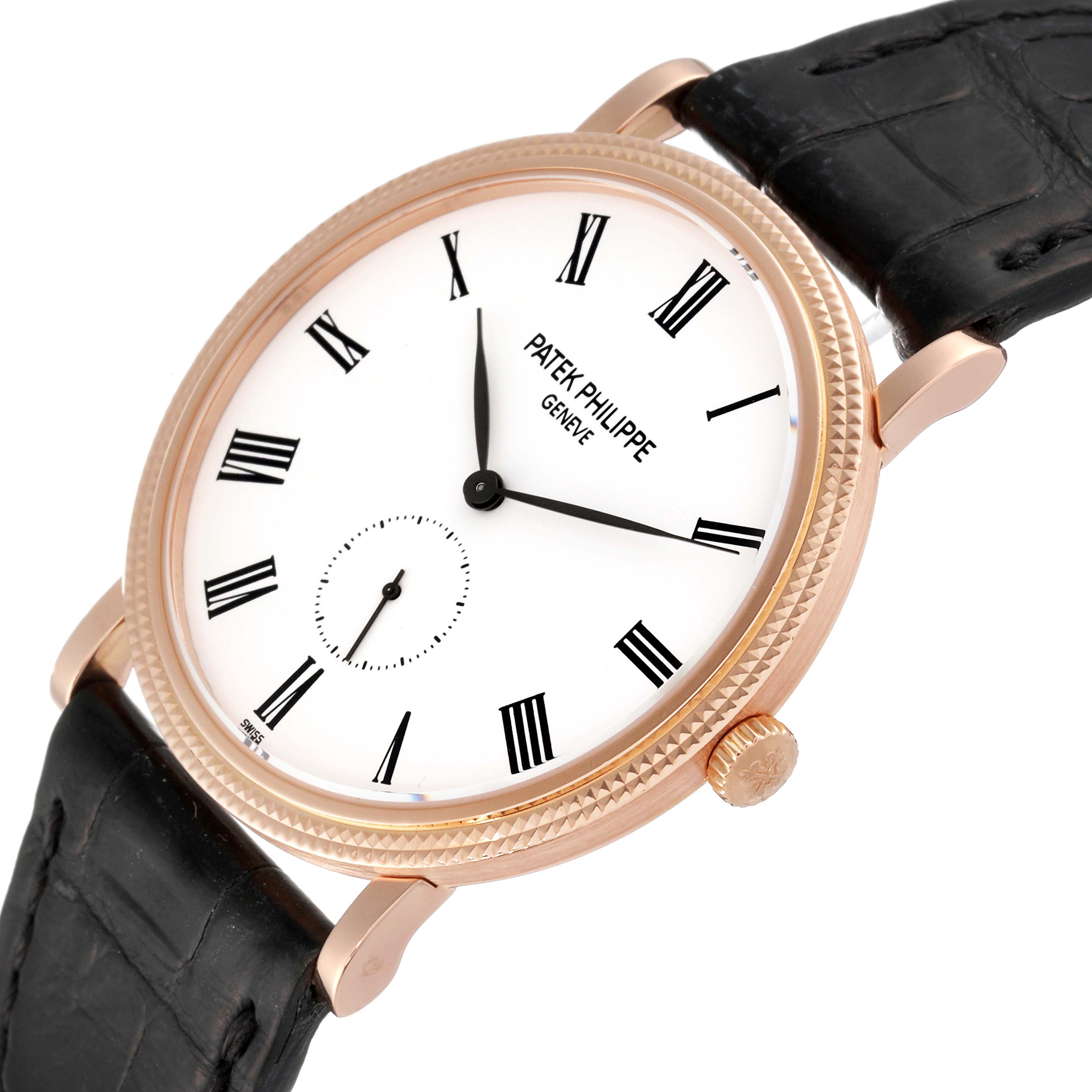 This Patek Philippe Calatrava 5119R Men
s Rose Gold White Dial 5119R Men
s Rose Gold White Dial watch is shown from a front angle, displaying the dial, bezel, crown, and part of the leather strap.