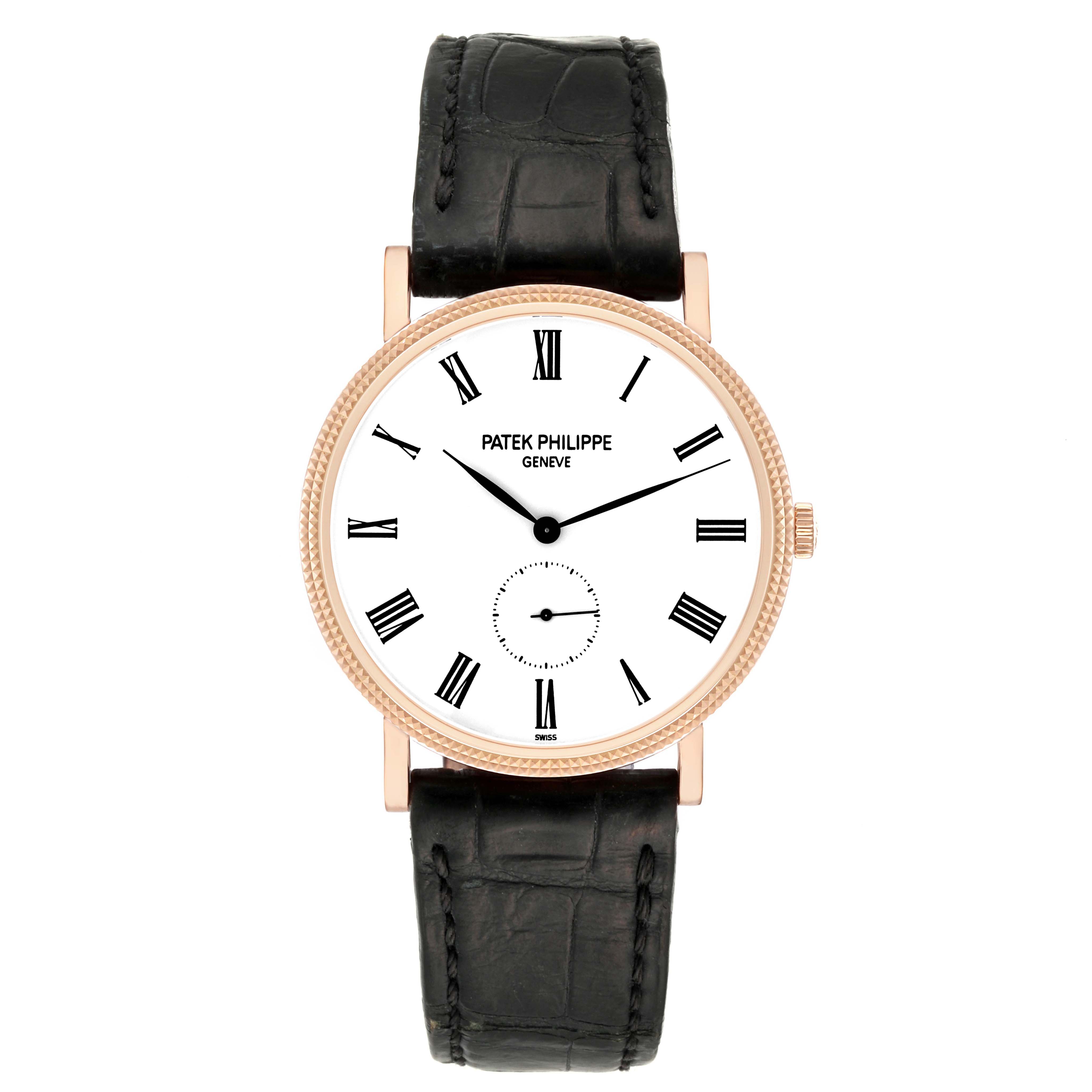 The image shows a front view of a Patek Philippe Calatrava 5119R Men
s Rose Gold White Dial 5119R Men
s Rose Gold White Dial watch with Roman numerals, a white dial, and a black leather strap.
