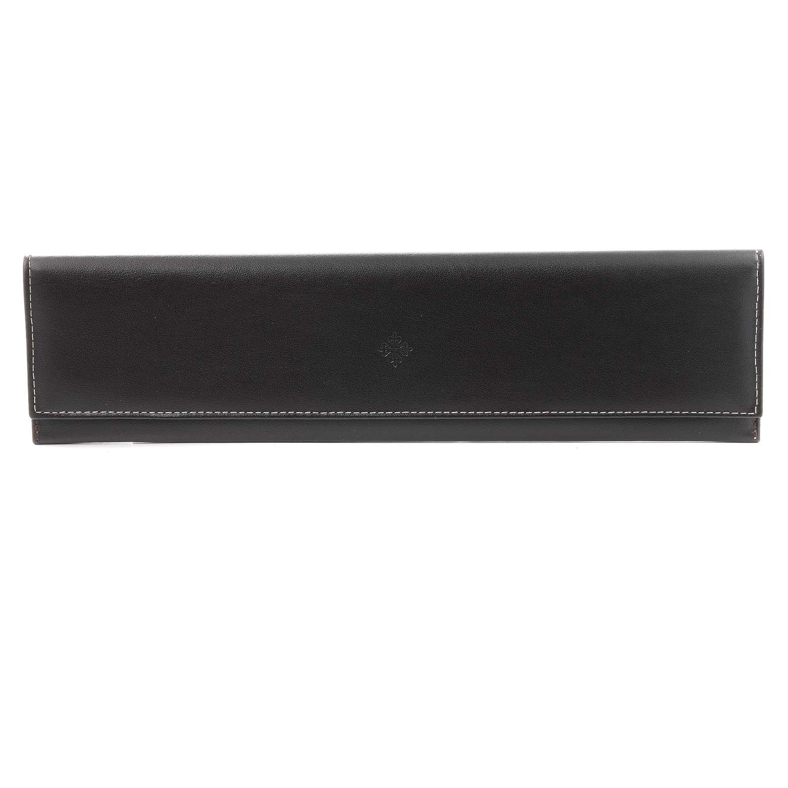 This image shows a black leather case for the Patek Philippe Calatrava 5119R Men
s Rose Gold White Dial 5119R Men
s Rose Gold White Dial watch, viewed from the front.