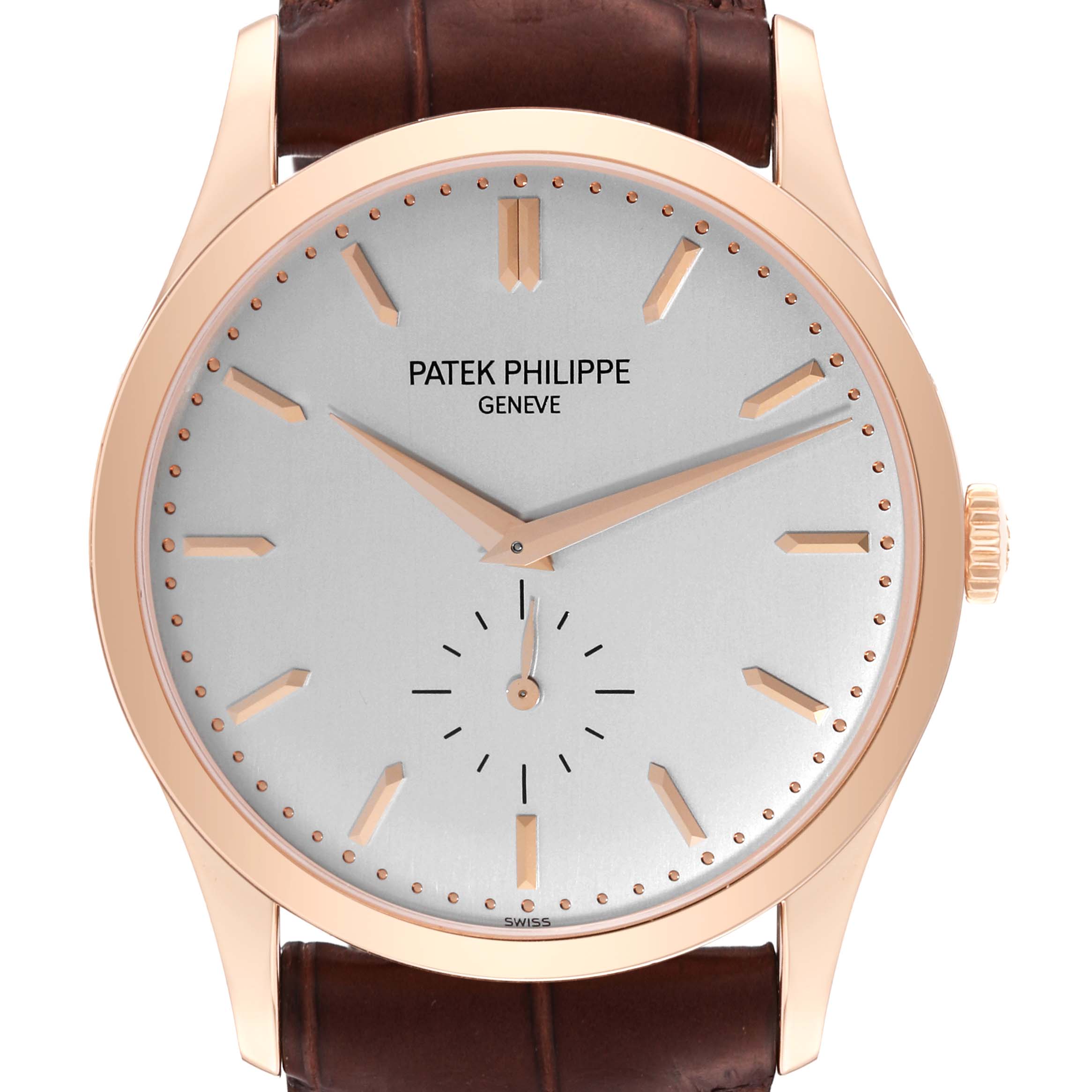 The image shows the front view of a Patek Philippe Calatrava 5196R Men
s Rose Gold Silver Dial 5196R Men
s Rose Gold Silver Dial watch, featuring the dial, hands, crown, and part of the strap.