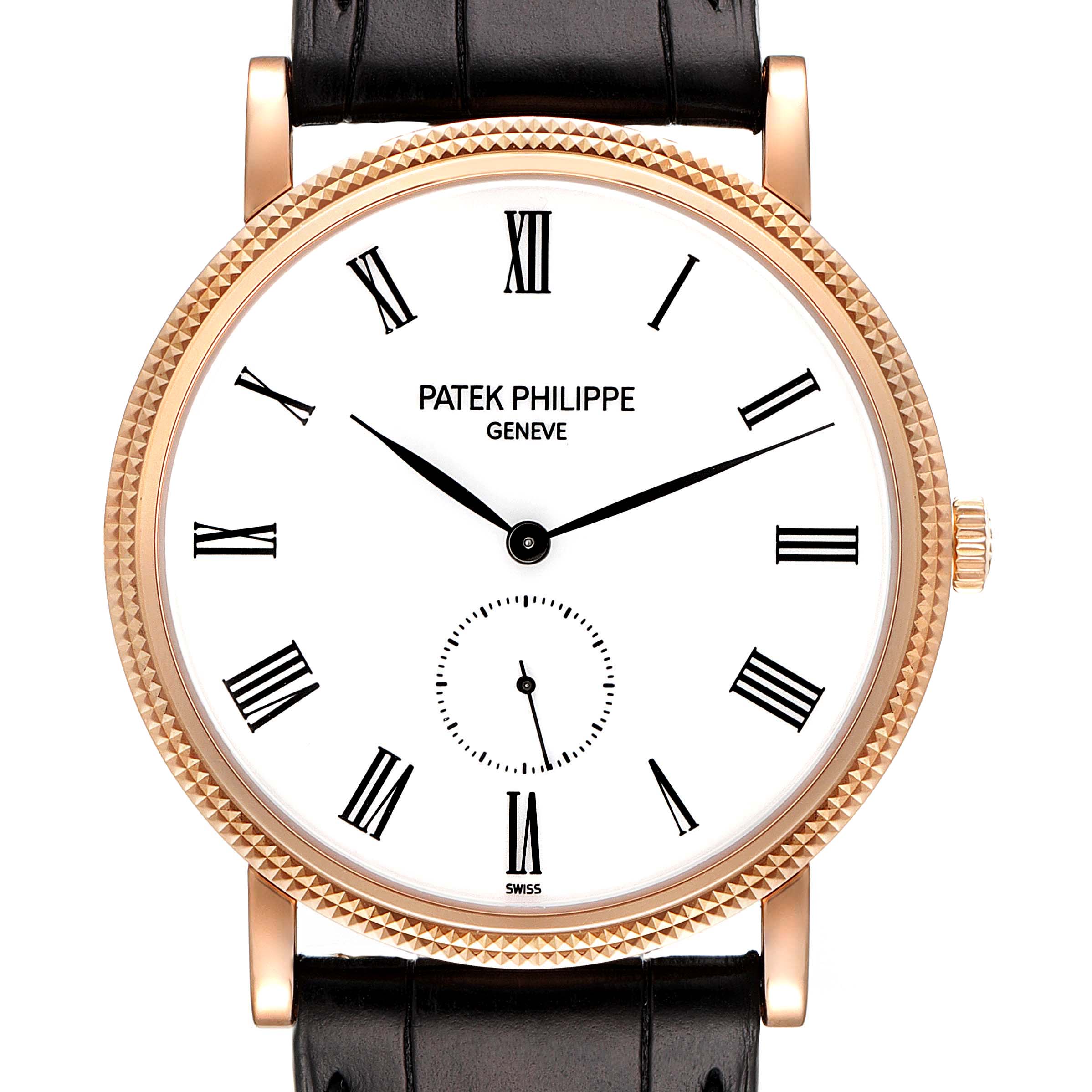 The image shows a Patek Philippe Calatrava 5119R Men's Rose Gold White Dial 5119R Men's Rose Gold White Dial watch from a front angle, highlighting the face, bezel, and leather strap.