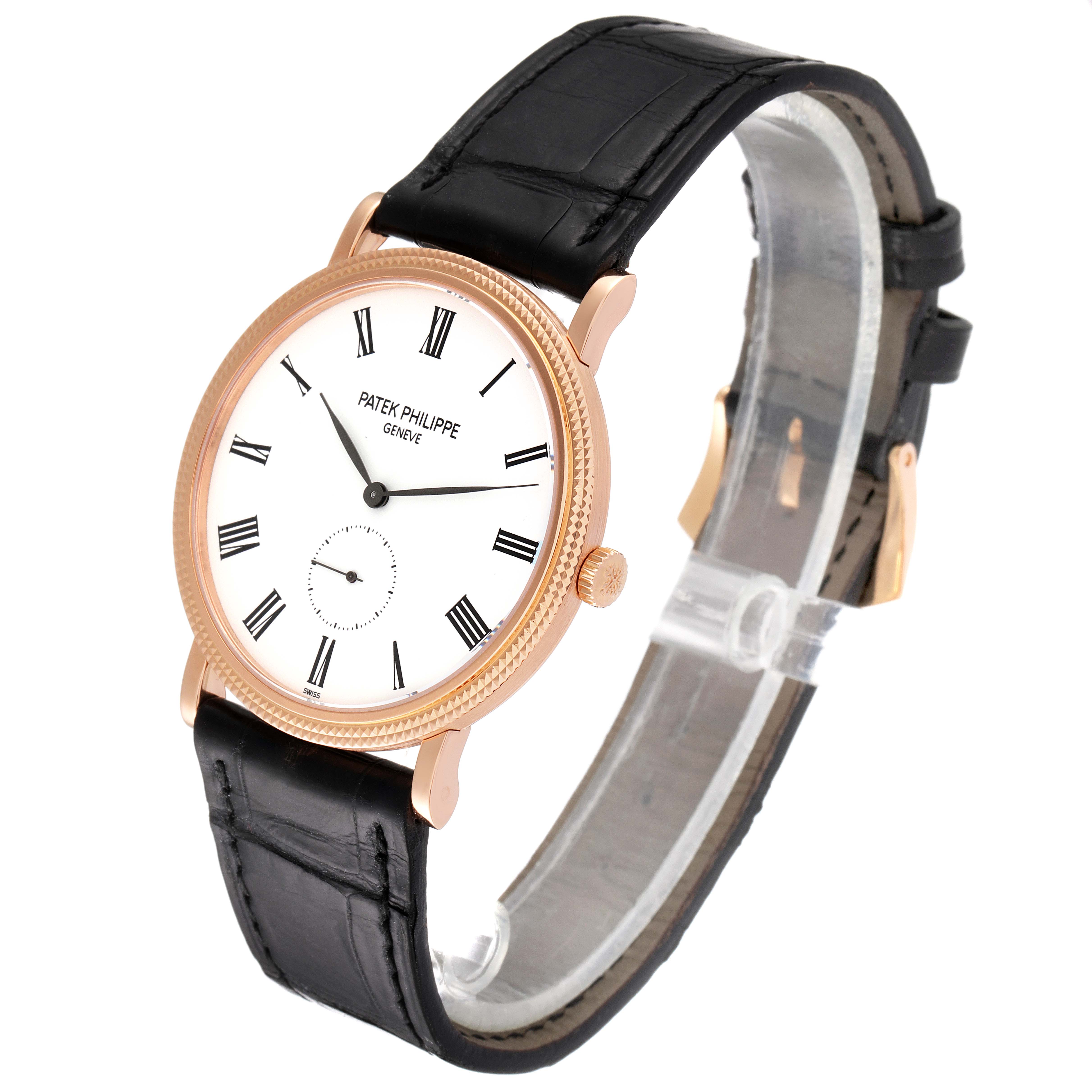 The image shows a Patek Philippe Calatrava 5119R Men's Rose Gold White Dial 5119R Men's Rose Gold White Dial watch at a three-quarter angle, displaying the watch face, crown, and leather strap.