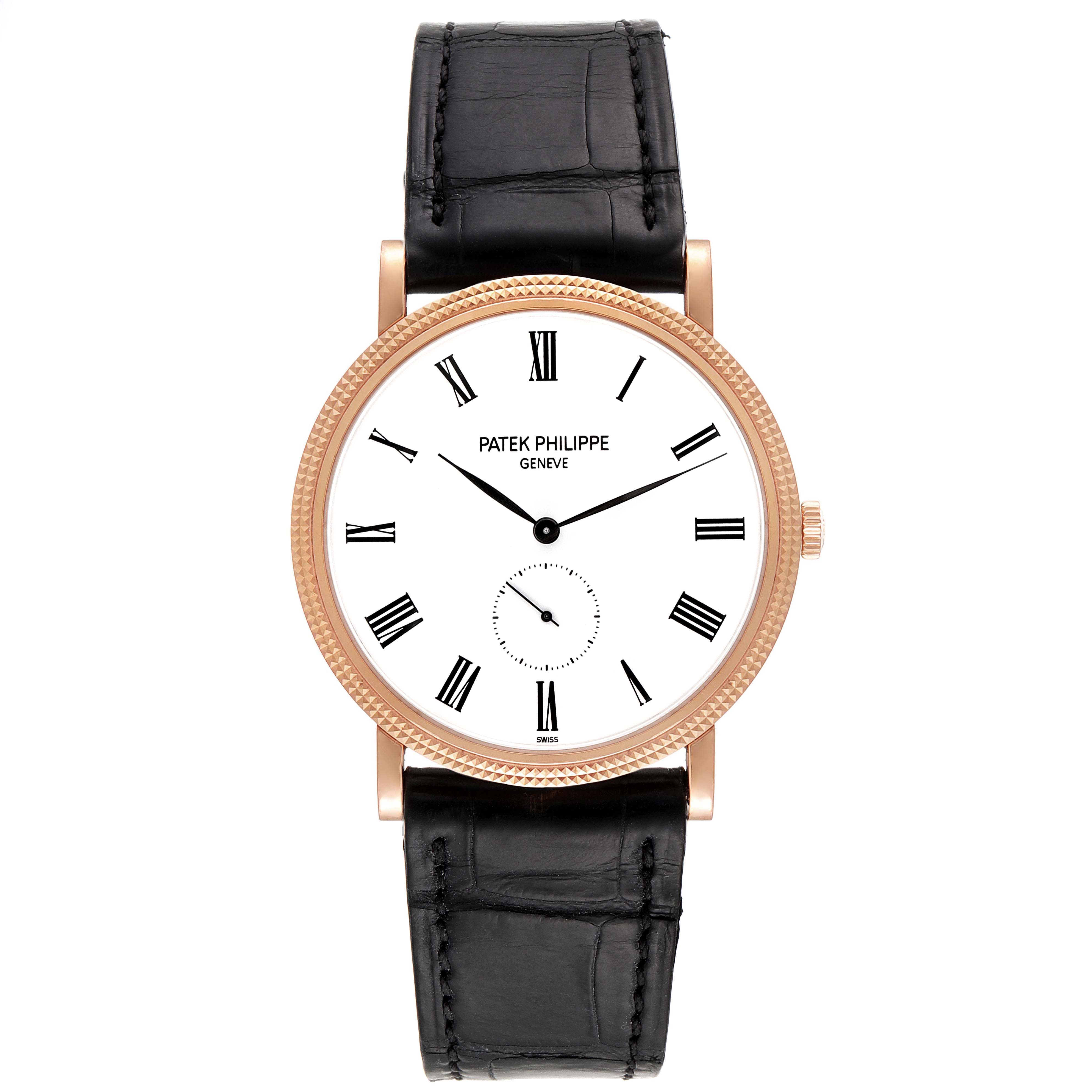 The image shows a Patek Philippe Calatrava 5119R Men's Rose Gold White Dial 5119R Men's Rose Gold White Dial watch, front view, highlighting its round dial, Roman numerals, and black leather strap.