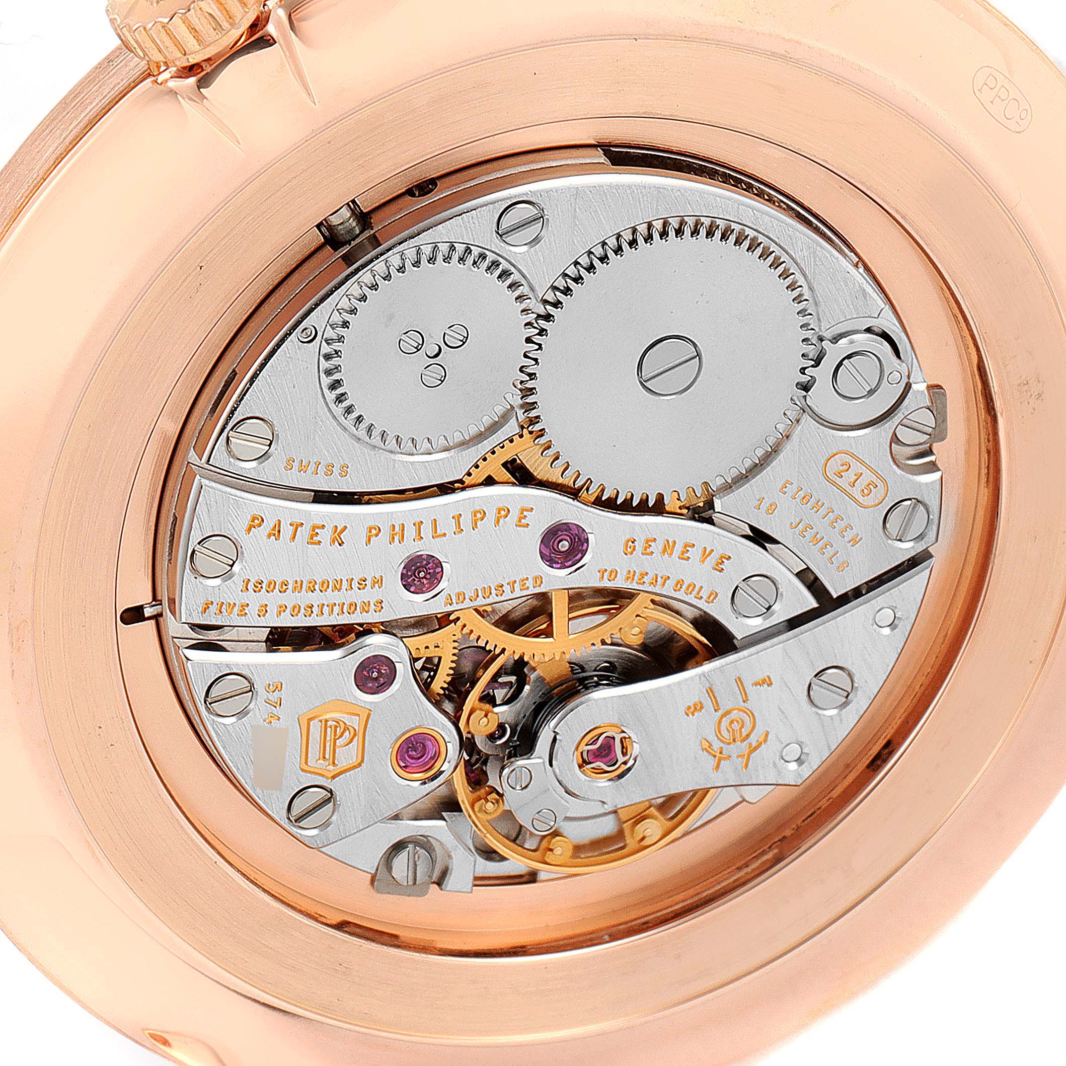 This image shows the movement mechanism of a Patek Philippe Calatrava 5119R Men's Rose Gold White Dial 5119R Men's Rose Gold White Dial watch from a rear angle.