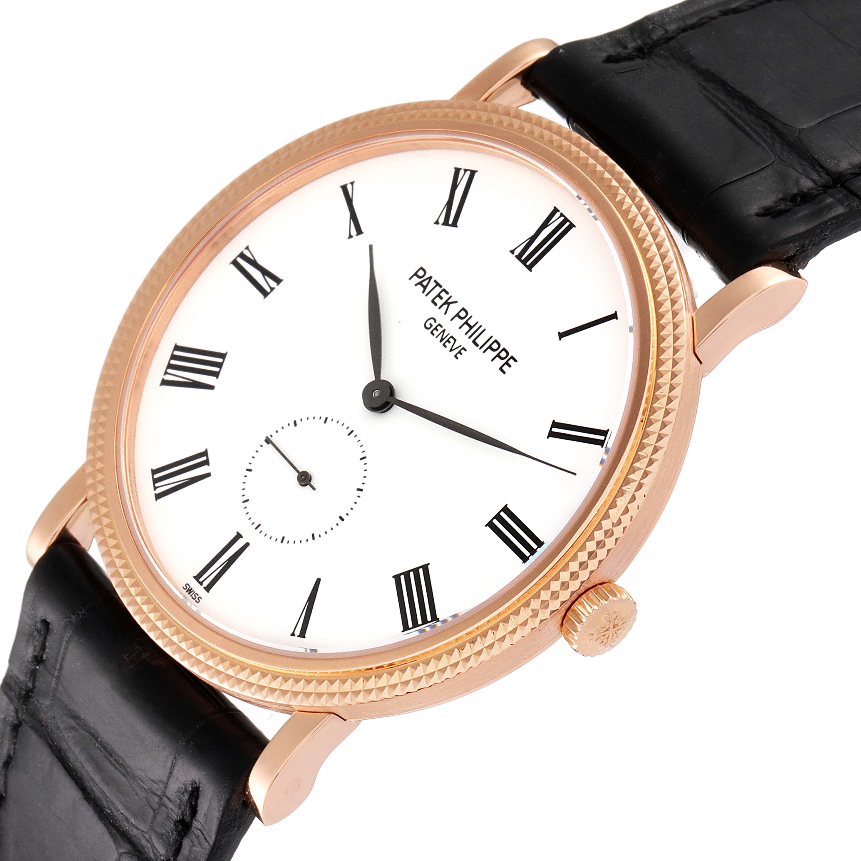 The image shows a Patek Philippe Calatrava 5119R Men's Rose Gold White Dial 5119R Men's Rose Gold White Dial watch at a slight angle, highlighting the dial, bezel, crown, and strap.